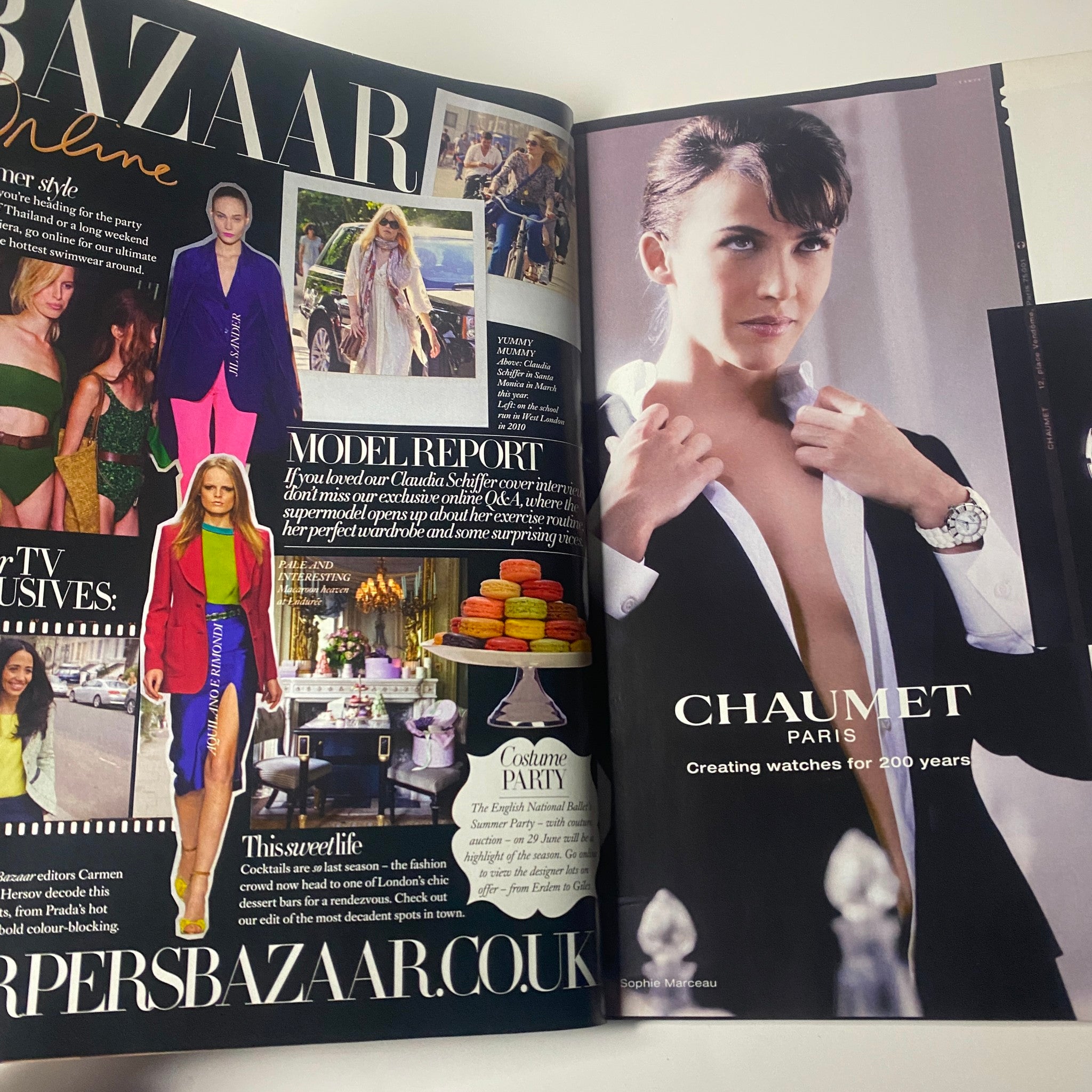 Page from Harper's Bazaar UK Magazine July 2011 featuring Claudia Schiffer along with a model report and an advertisement for Chaumet Paris watches.