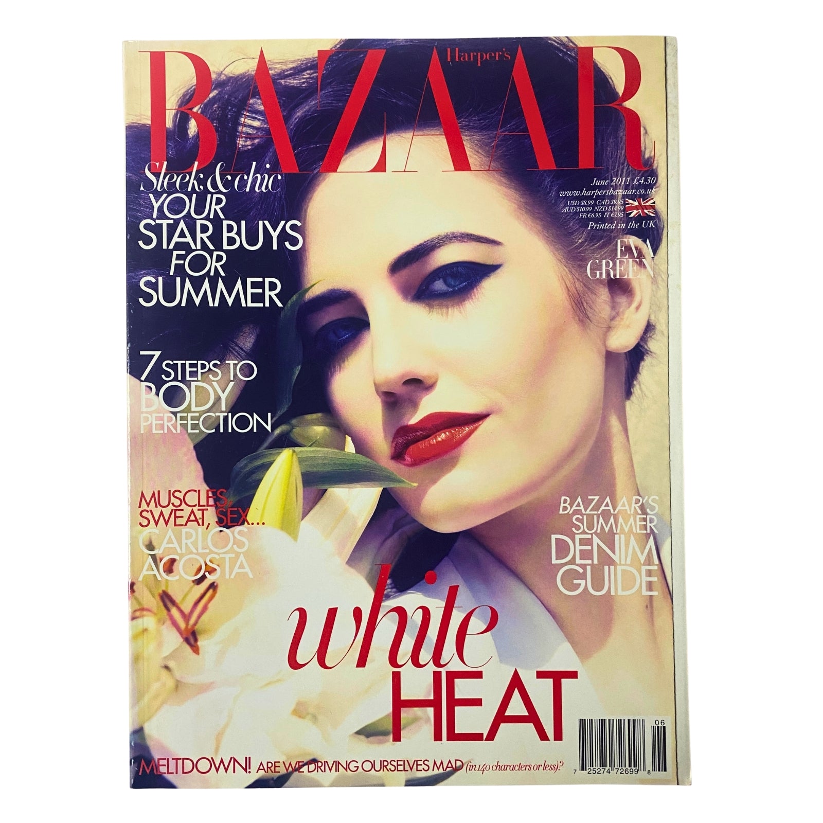 Harper's Bazaar UK Magazine June 2011 featuring Eva Green on the cover in elegant evening wear, showcasing high fashion and lifestyle features, including a profile on dancer Carlos Acosta and summer wellness guides.
