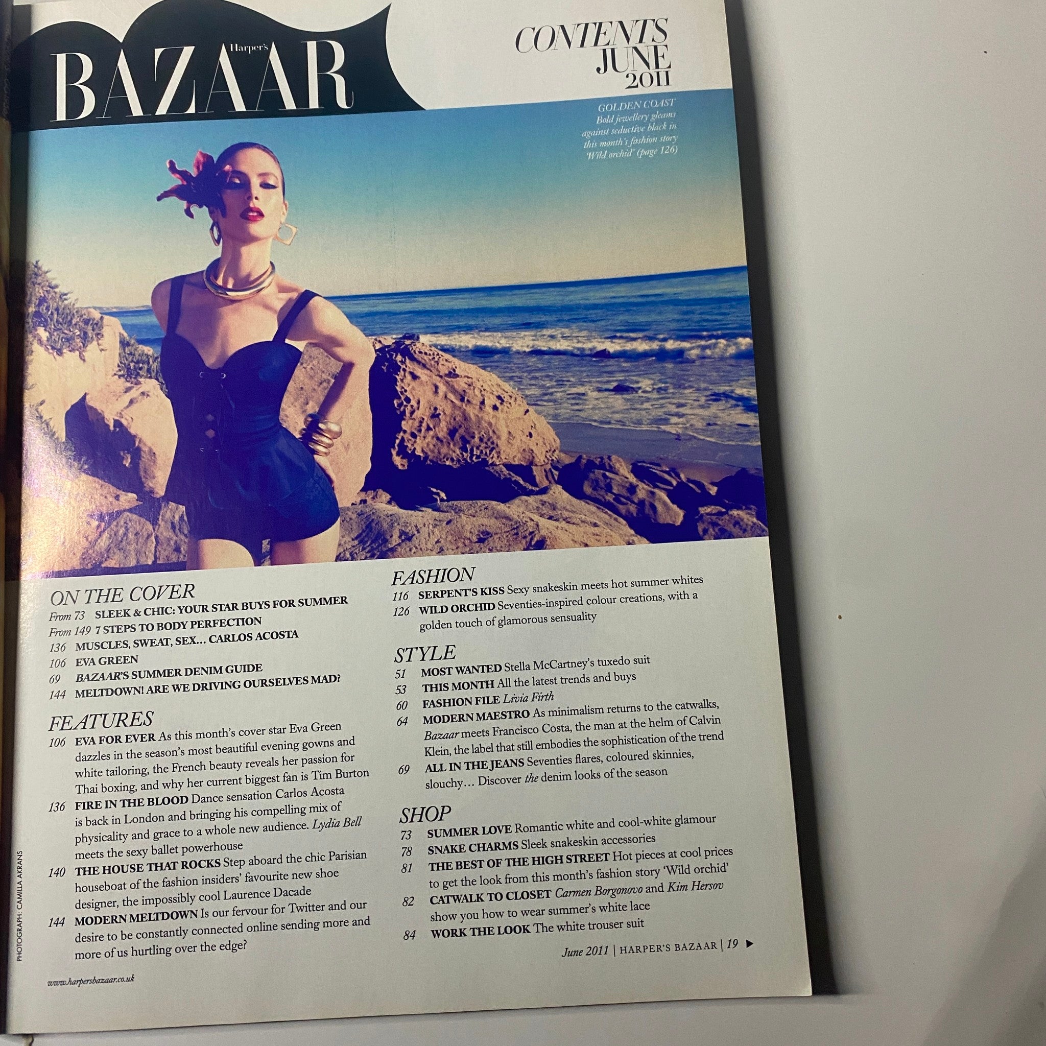 Contents page of Harper's Bazaar UK Magazine June 2011, highlighting featured articles including Eva Green and Carlos Acosta.