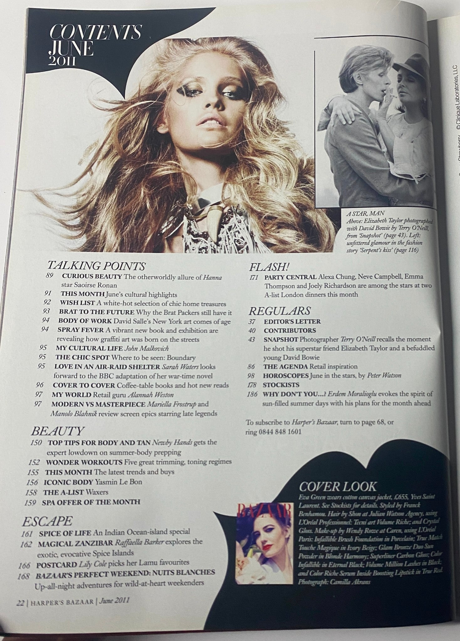 Contents section of Harper's Bazaar UK Magazine June 2011, presenting talking points, beauty tips, and other editorial features.