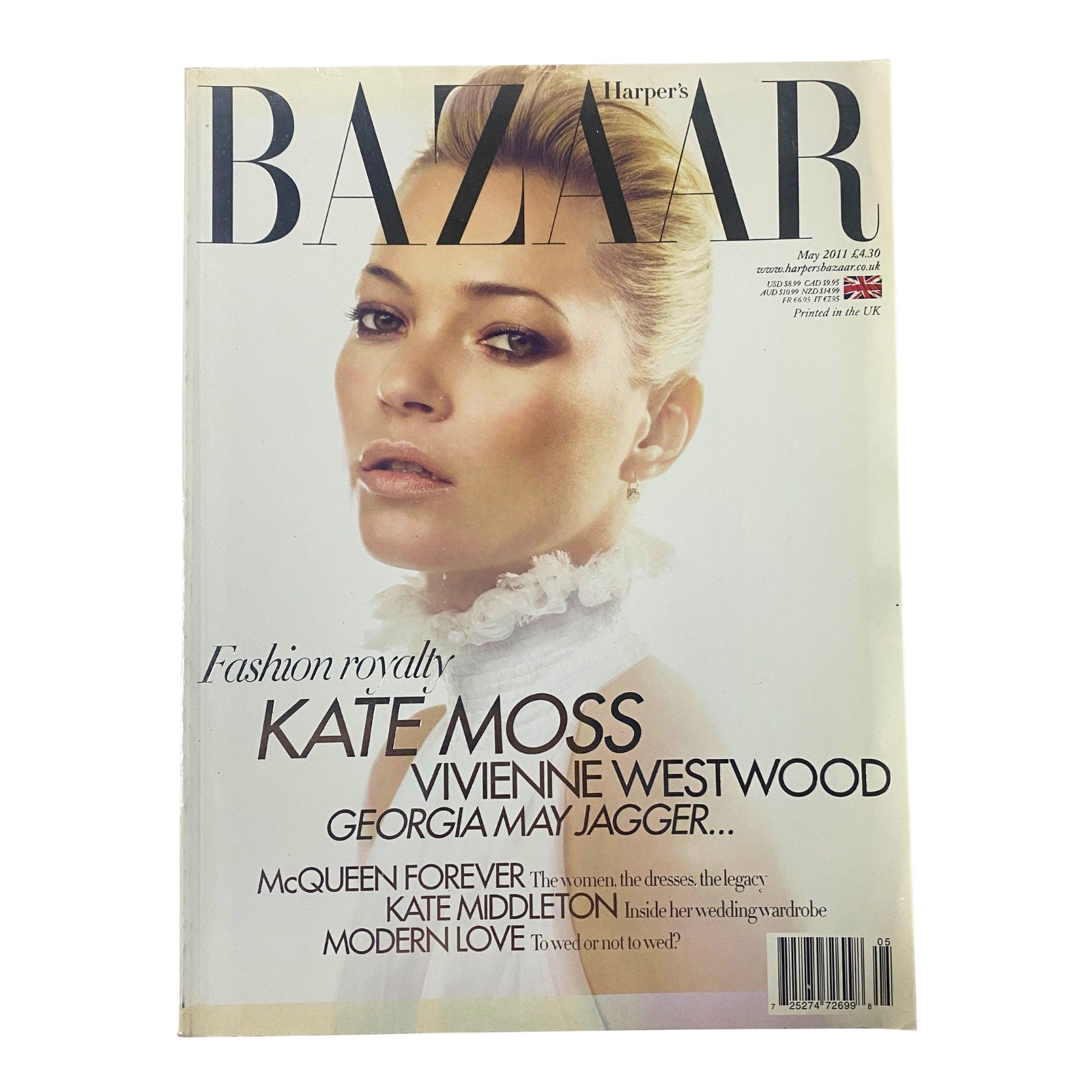 Cover of Harper's Bazaar UK Magazine May 2011 featuring Kate Moss, highlighting fashion royalty, Vivienne Westwood, Georgia May Jagger, McQueen Forever, Kate Middleton's wedding wardrobe, and modern love.