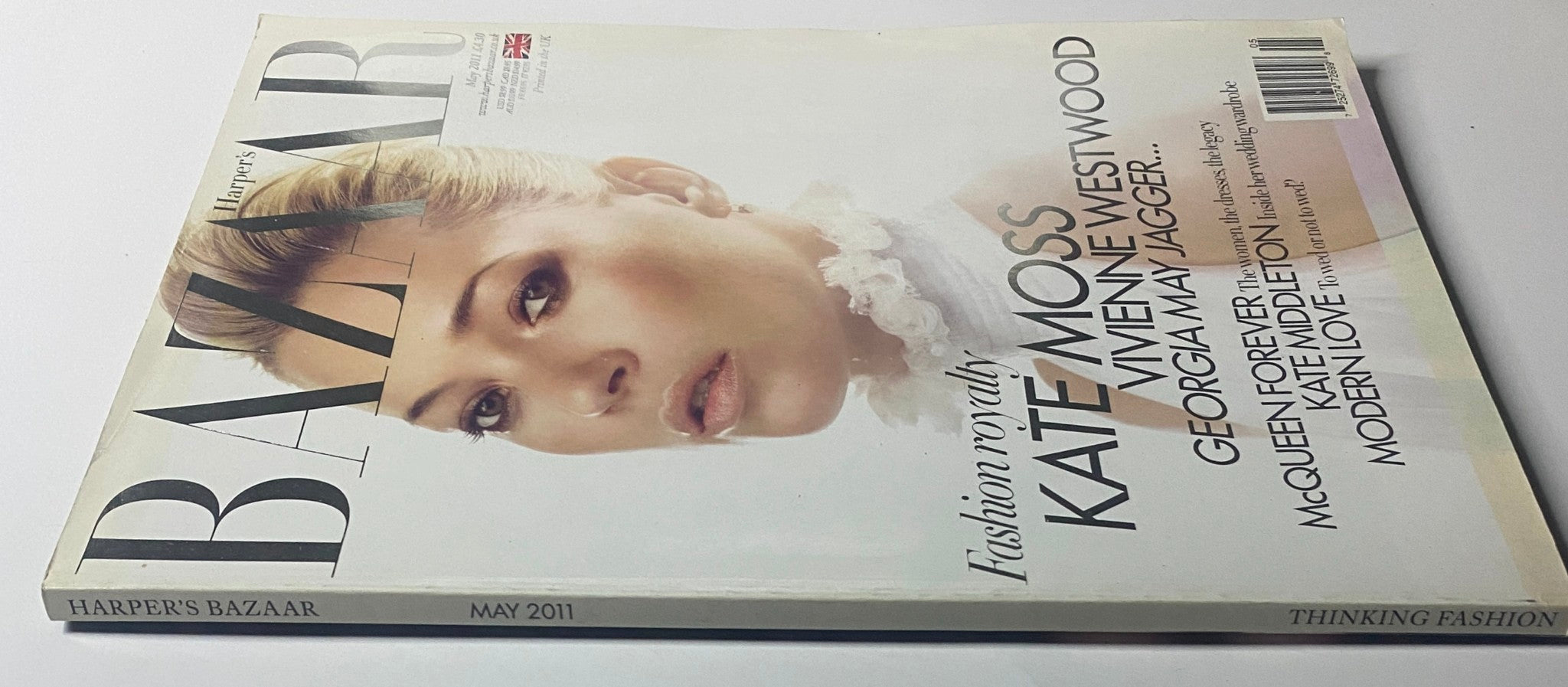 Side view of Harper's Bazaar UK Magazine May 2011 showcasing Kate Moss on the cover, emphasizing key features and fashion highlights of the issue.