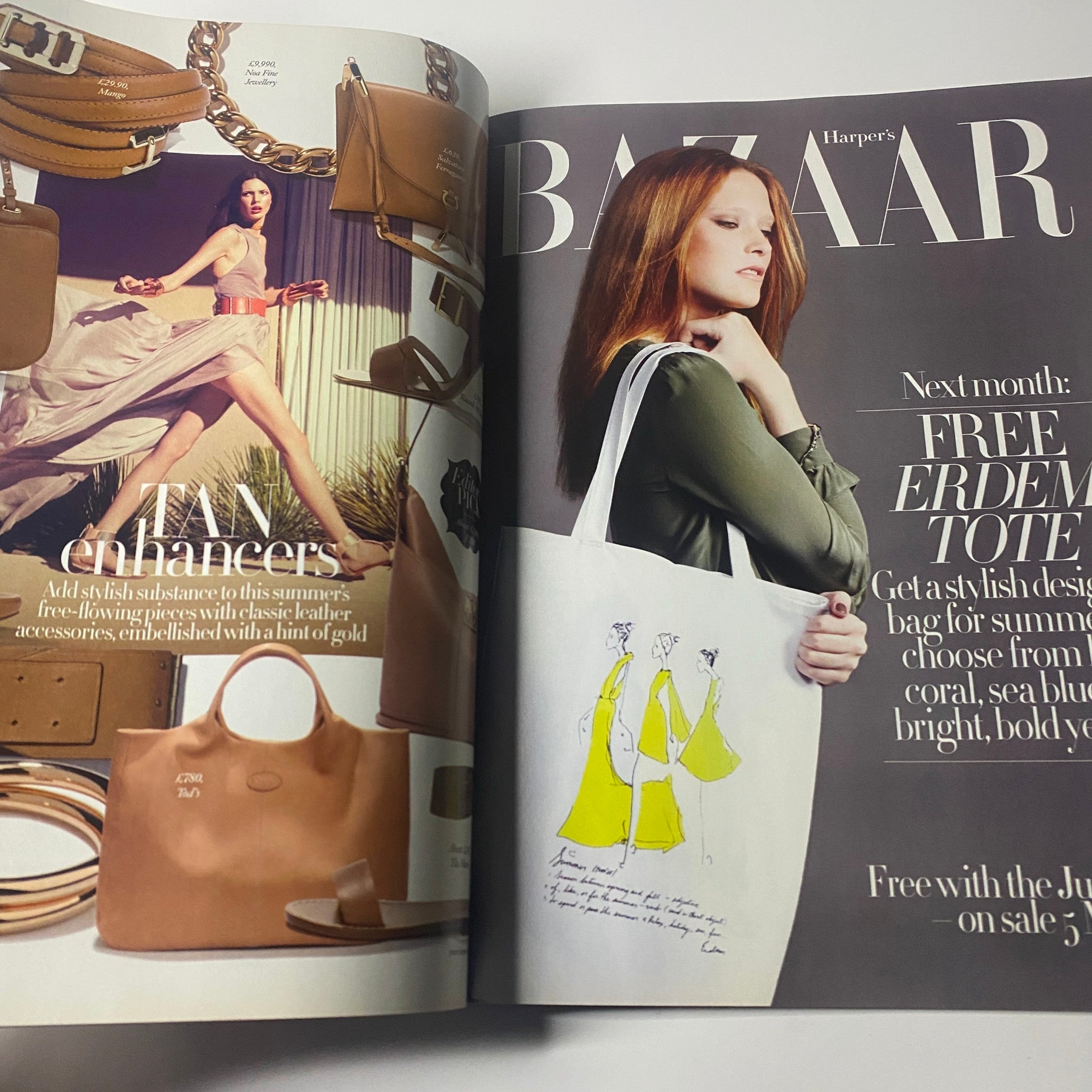Spread from Harper's Bazaar UK Magazine May 2011 highlighting summer fashion accessories, featuring a model with a stylish tote bag and design inspirations.