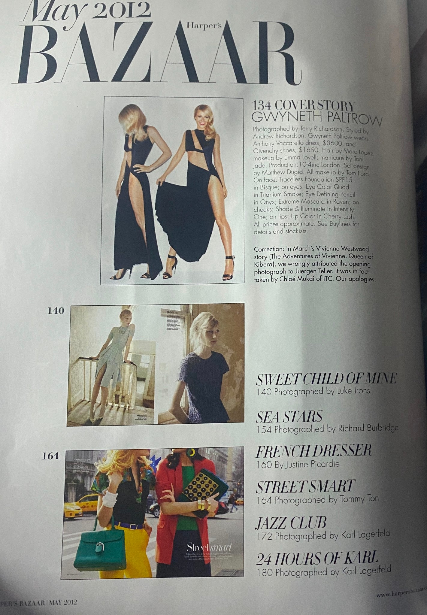Interior page of Harper's Bazaar Australia Magazine May 2012, detailing the cover story featuring Gwyneth Paltrow and highlighting various fashion editorials.