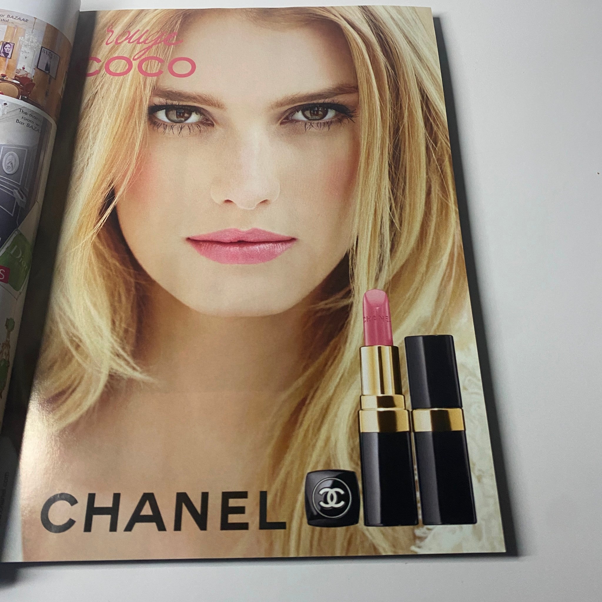 Page from Harper's Bazaar Australia Magazine May 2012 displaying a beauty advertisement for Chanel lipstick, featuring a model with striking makeup.