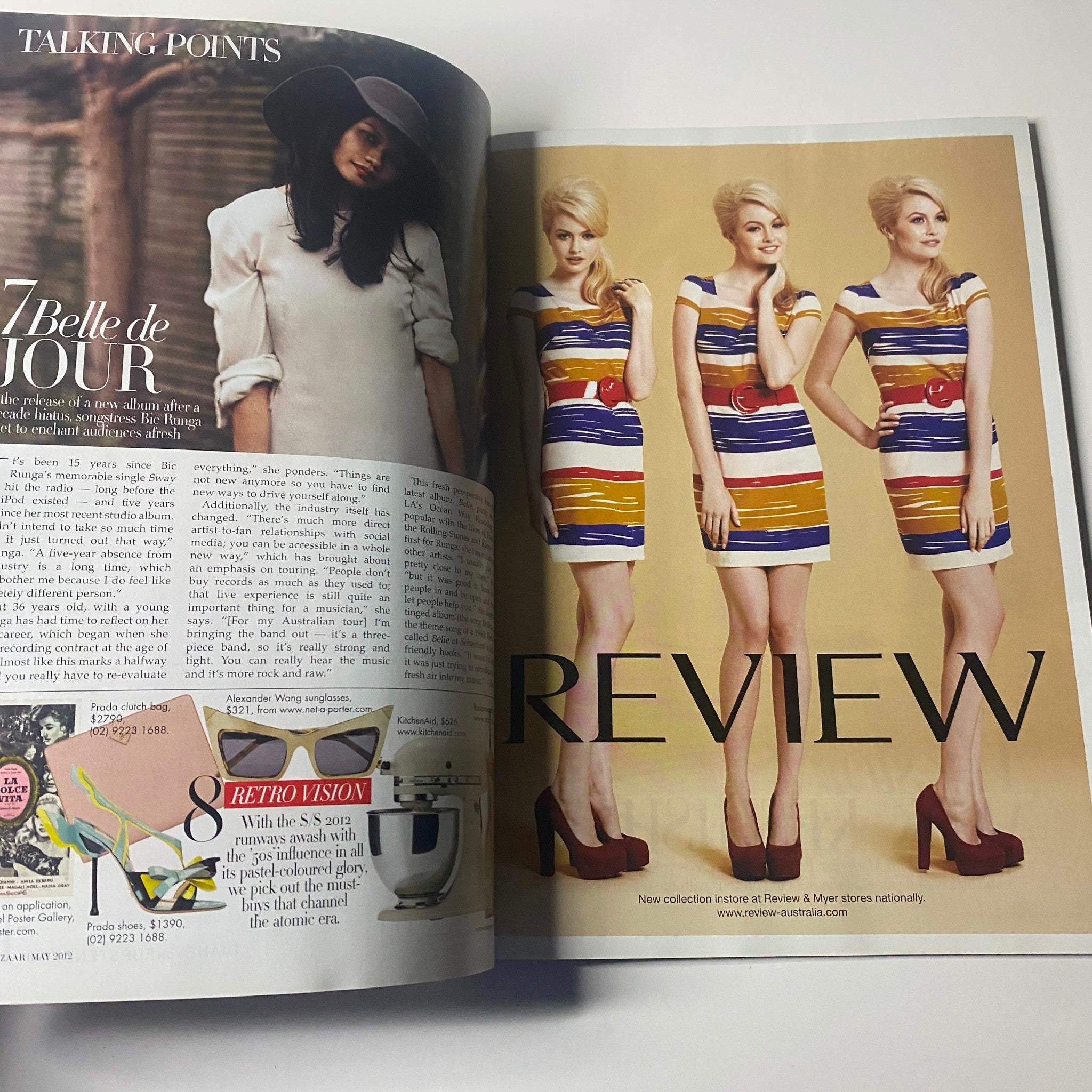 Harper's Bazaar Australia Magazine May 2012 displaying a fashion spread titled 'Review', featuring a model in a stylish outfit with a retro design, emphasizing modern fashion trends.