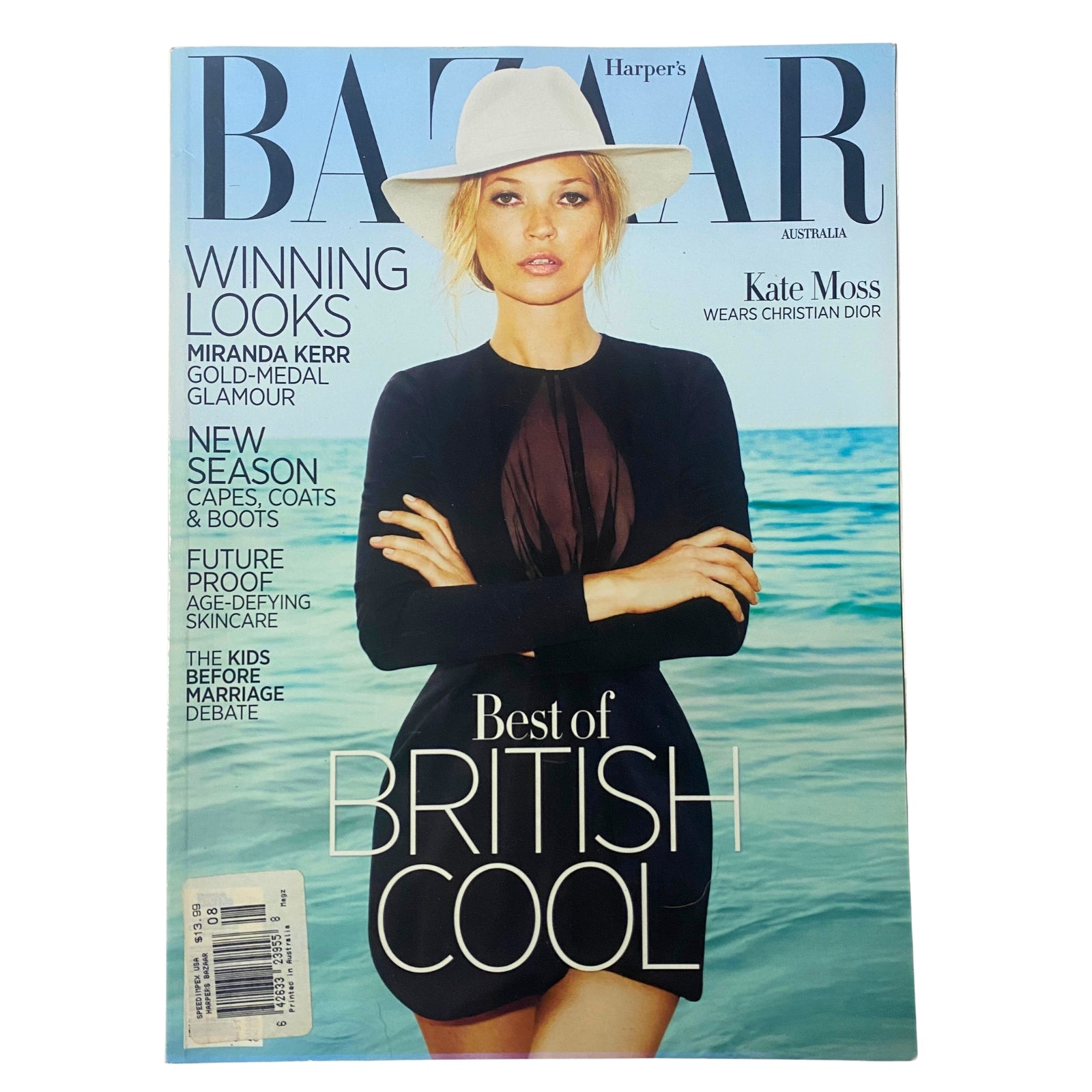 Harper's Bazaar Australia Magazine August 2012 featuring Kate Moss on the cover in a Christian Dior dress and Yestadt Millinery hat, depicting British fashion themes.