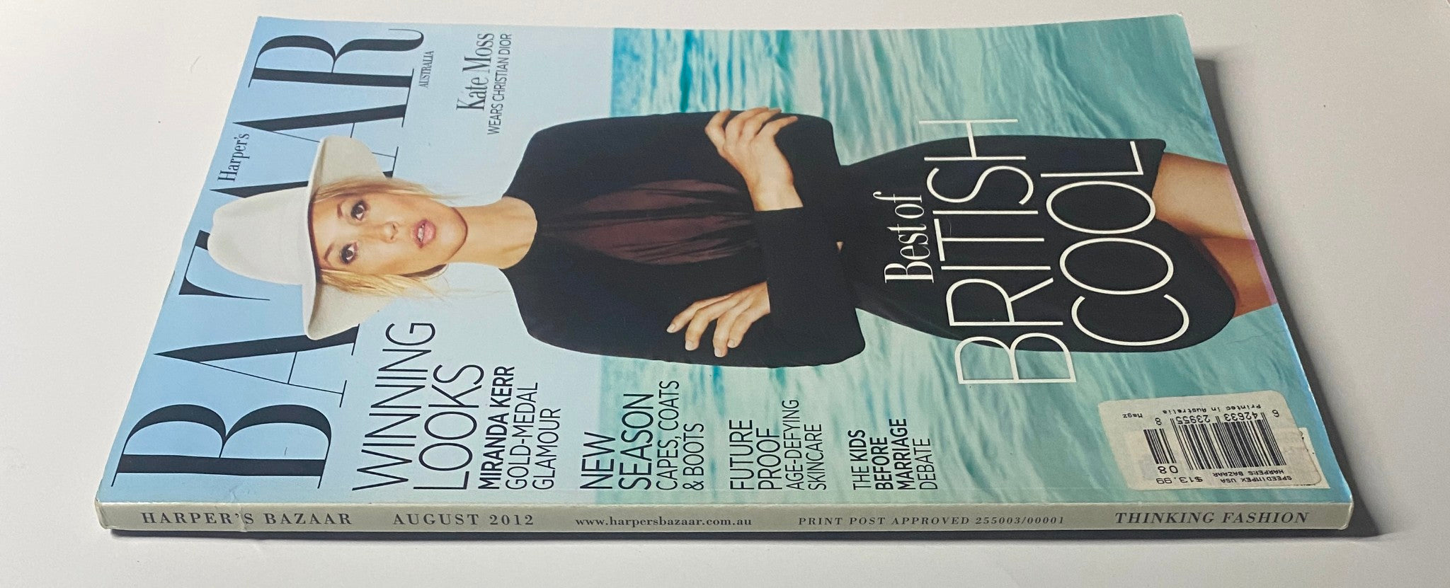 Harper's Bazaar Australia Magazine August 2012 showcasing Kate Moss, styled in an elegant outfit, emphasizing British fashion with the headline 'Best of British Cool'.