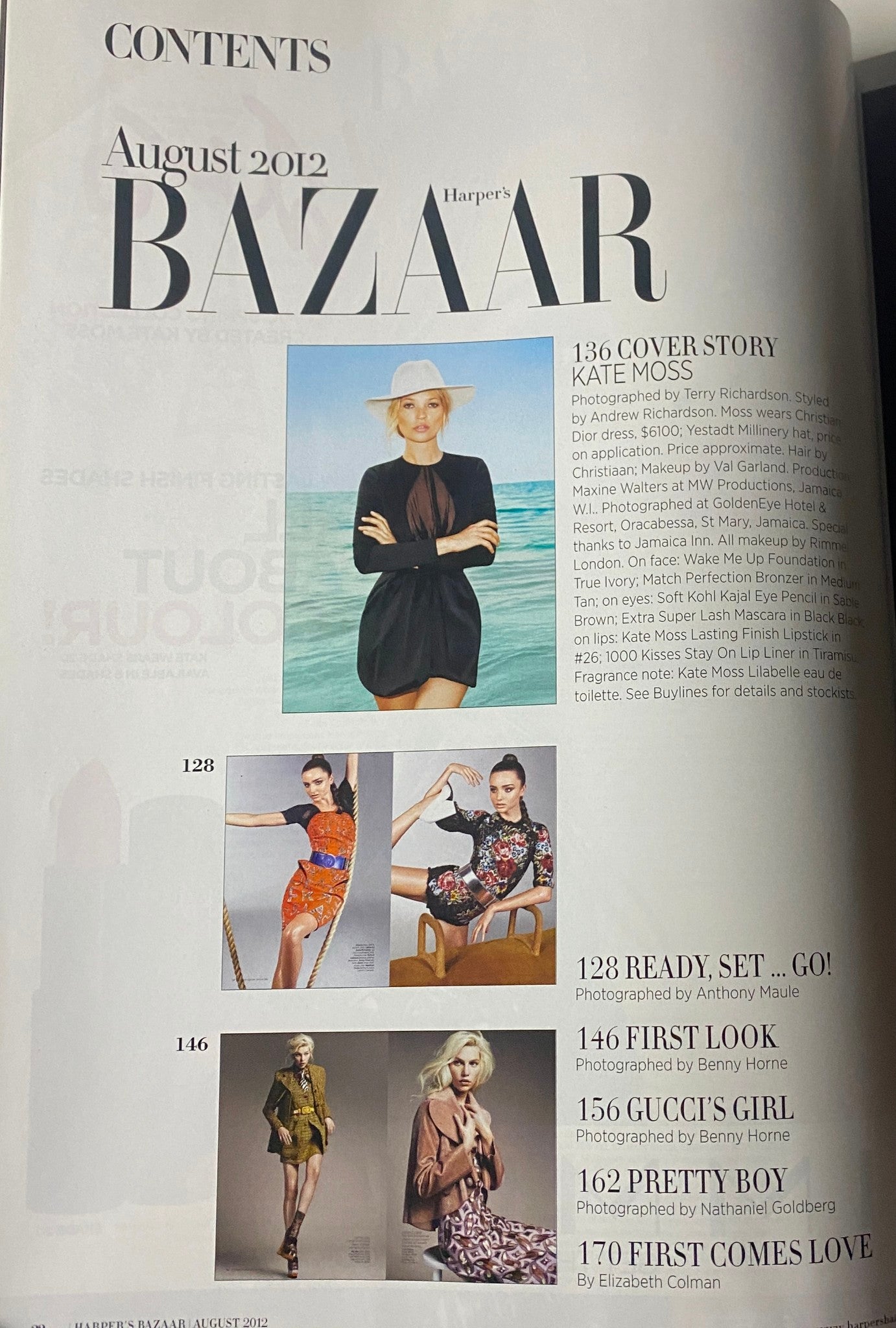 Contents page of Harper's Bazaar Australia Magazine August 2012 featuring Kate Moss cover story, fashion features, and editorial highlights.