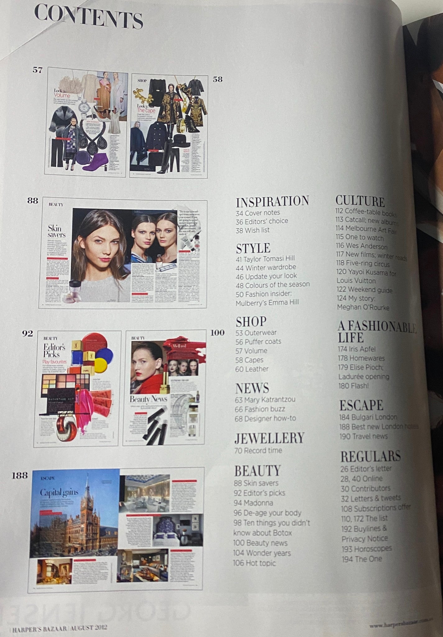Second contents page from Harper's Bazaar Australia Magazine August 2012 showcasing sections on inspiration, style, culture, and beauty.