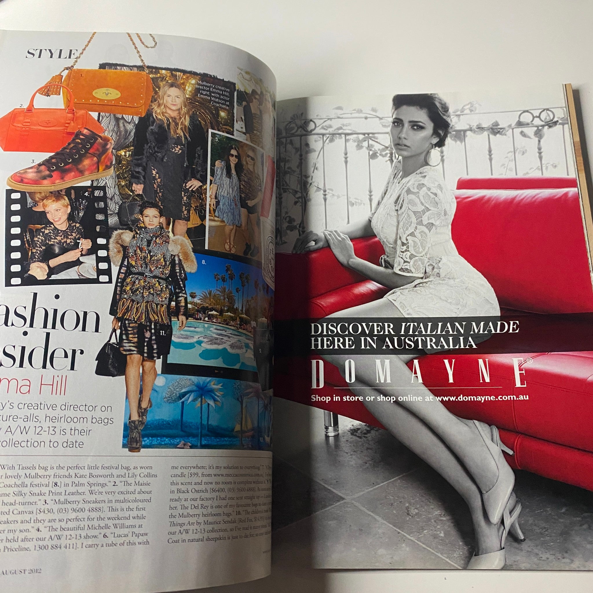 Advertisement page from Harper's Bazaar Australia Magazine August 2012 with fashion insights from Emma Hill and Domayne's offerings.