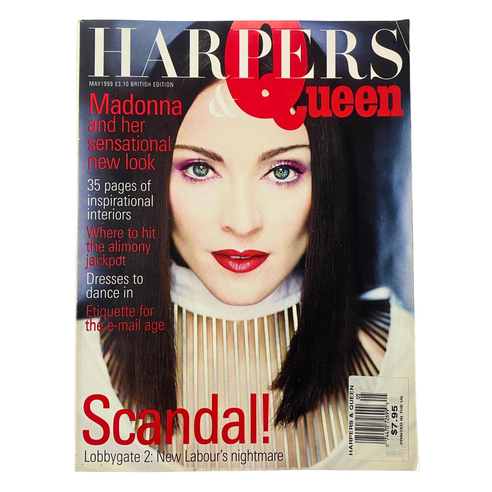 Harpers & Queen British Magazine May 1999 cover featuring Madonna, showcasing her sensational new look and the headline 'Scandal!' with striking visual elements.