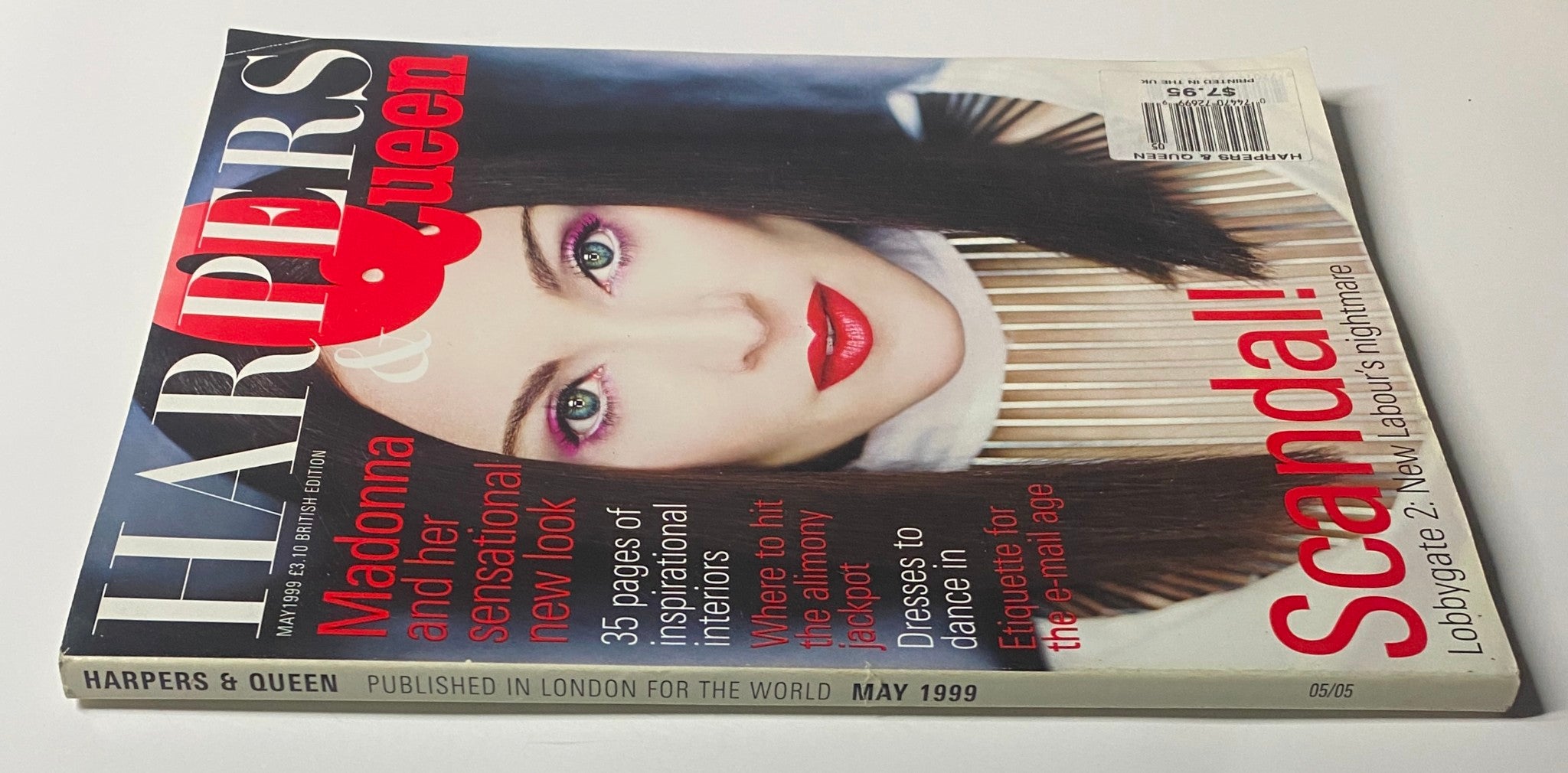 Side view of the Harpers & Queen British Magazine May 1999, revealing details of the cover story on Madonna and the additional headlines related to fashion and culture.
