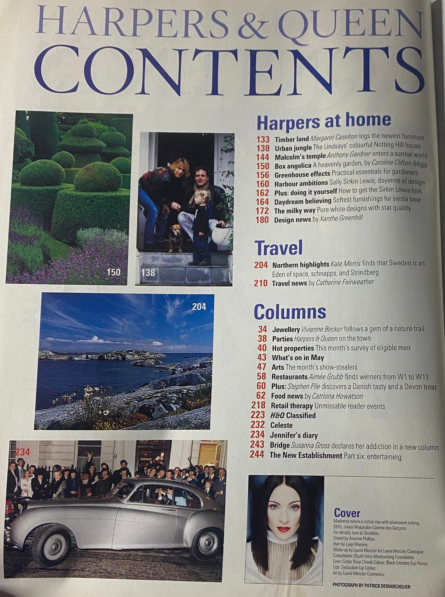 Table of contents from Harpers & Queen British Magazine May 1999, displaying sections on health, beauty, and features about notable topics of the era.