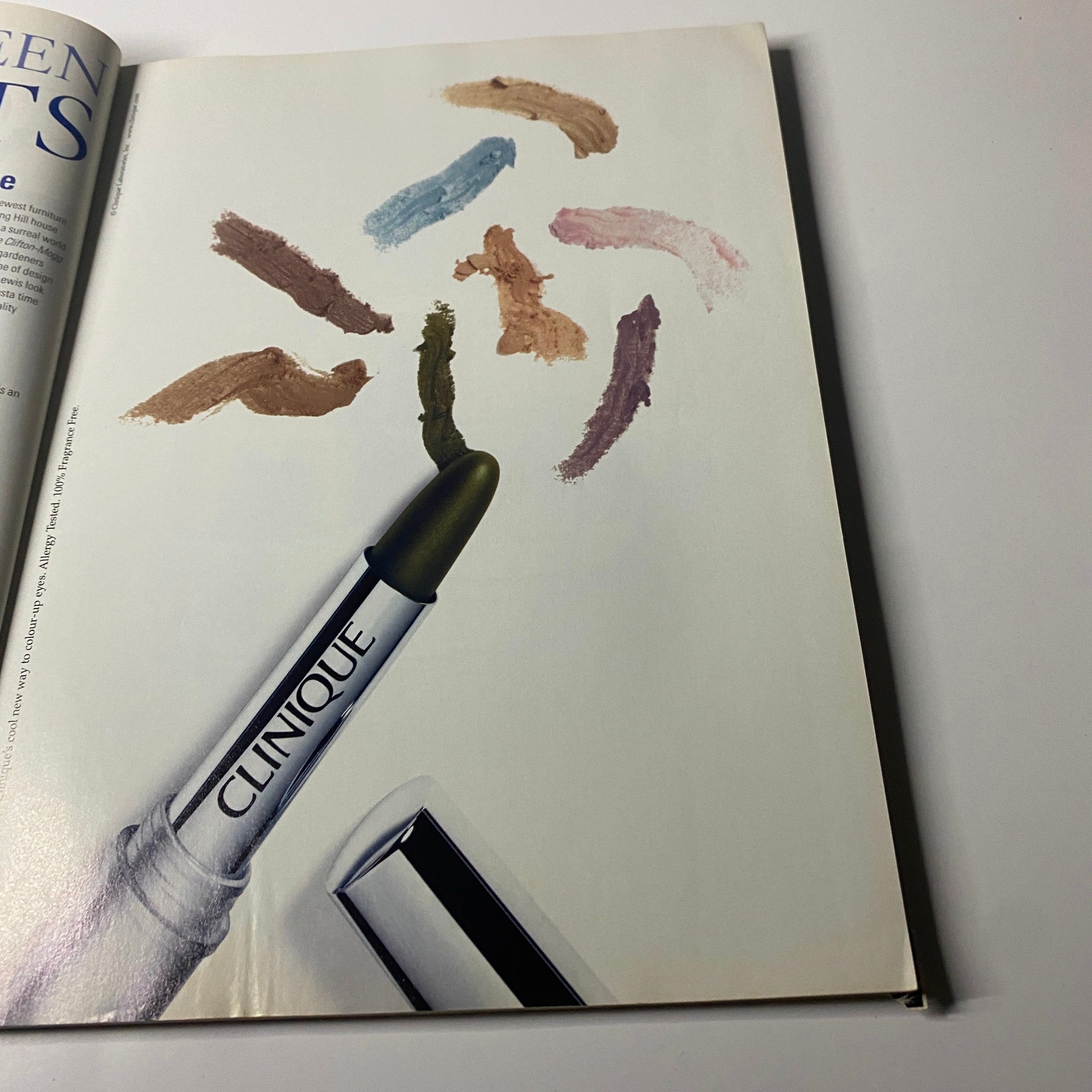 Harpers & Queen British Magazine May 1999 image showing Clinique makeup products on the page, featuring various lipstick swatches.