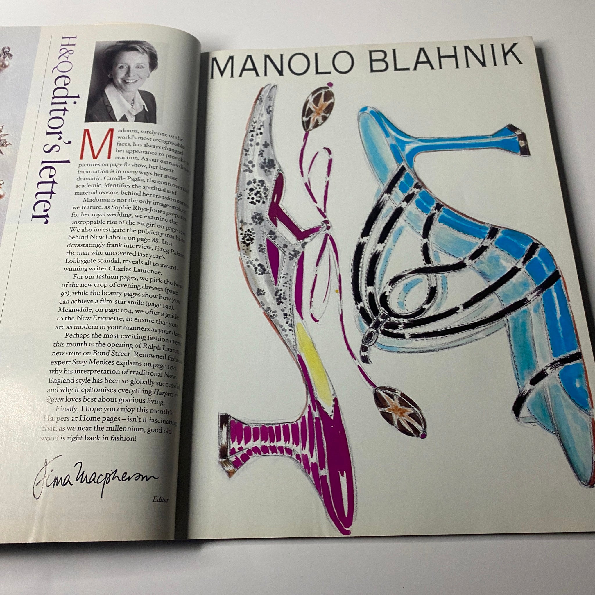 Harpers & Queen British Magazine May 1999 editor's letter with a colorful illustration by Manolo Blahnik, highlighting fashion and editorial content.