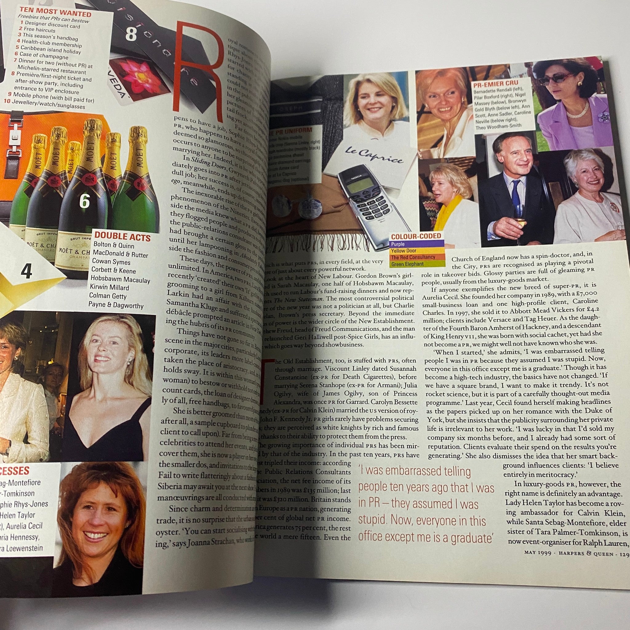 Harpers & Queen British Magazine May 1999 interior pages featuring celebrity news and gossip, showcasing notable figures and events from the era.