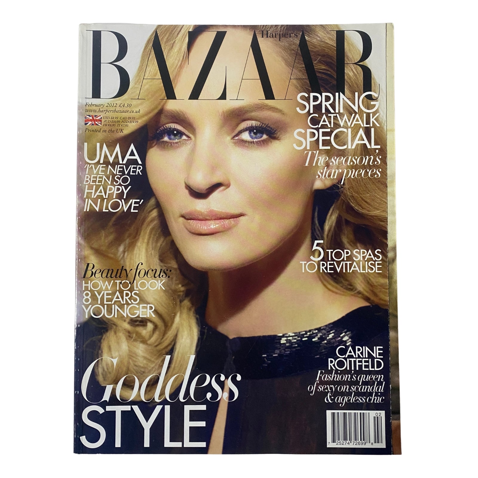 Harper's Bazaar UK Magazine February 2012 cover featuring Uma Thurman with the caption 'Goddess Style' and articles on spring fashion, beauty tips, and interviews.