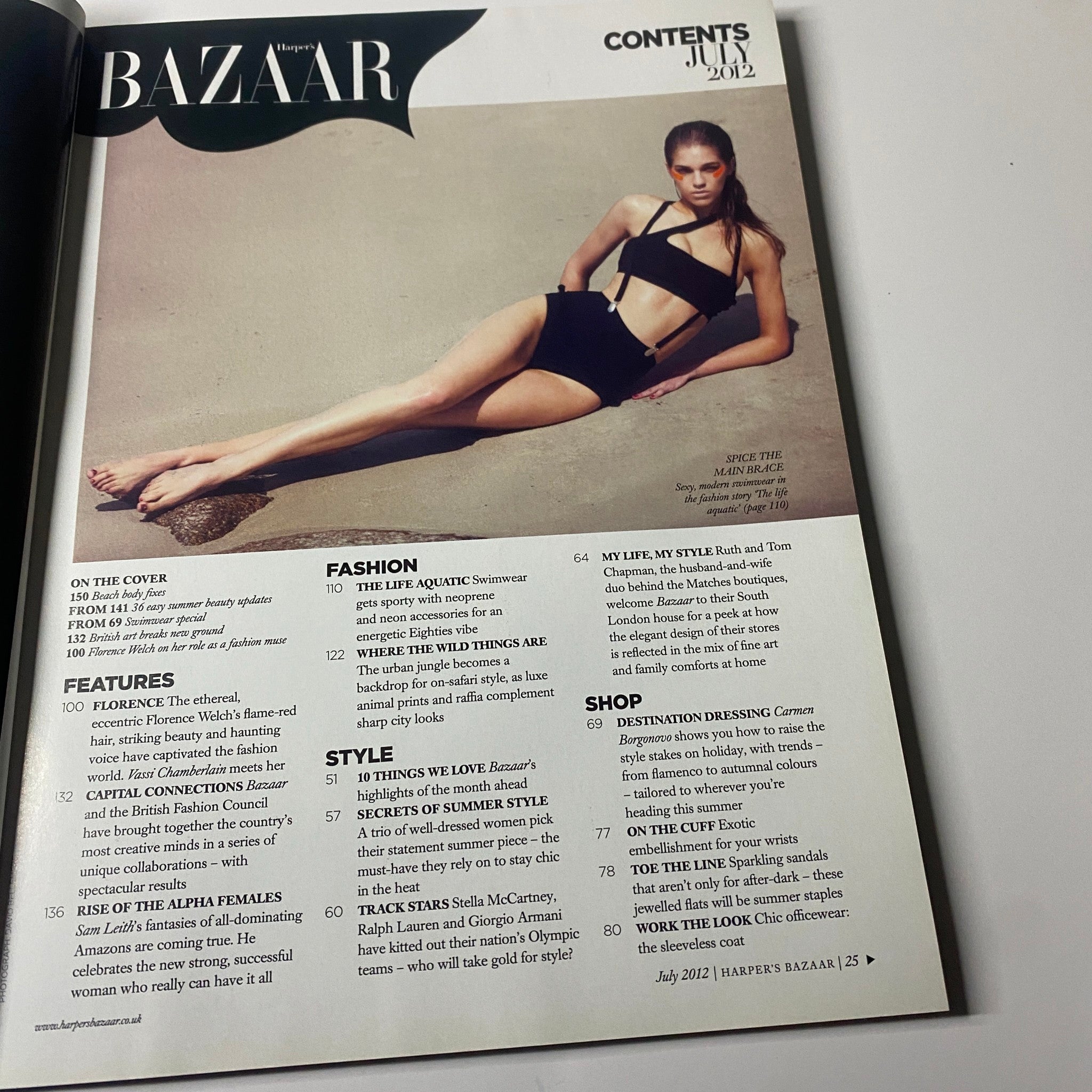 Contents page of the July 2012 issue of Harper's Bazaar UK, detailing features including summer beauty updates, swimwear, and fashion insights.