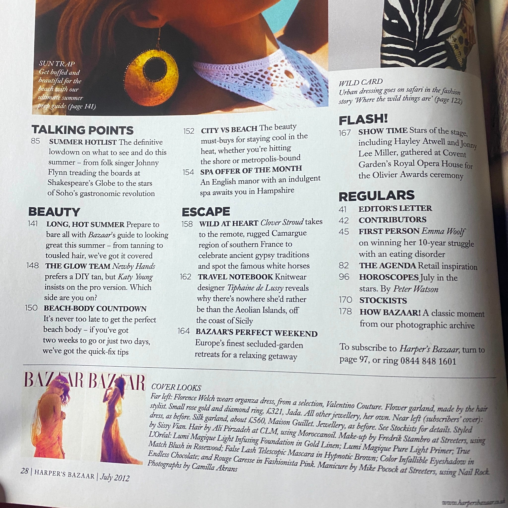 Table of contents from Harper's Bazaar UK Magazine July 2012 featuring beauty, fashion, and lifestyle articles.