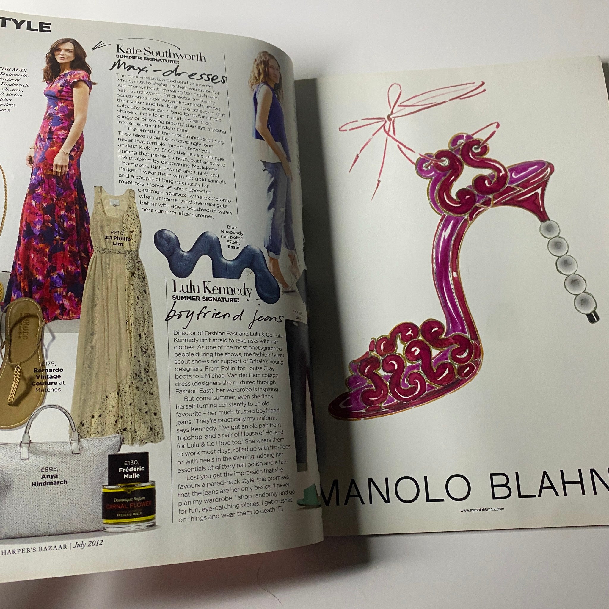 Fashion editorial page from Harper's Bazaar UK Magazine July 2012 displaying styles from Lulu Kennedy and Manolo Blahnik footwear.