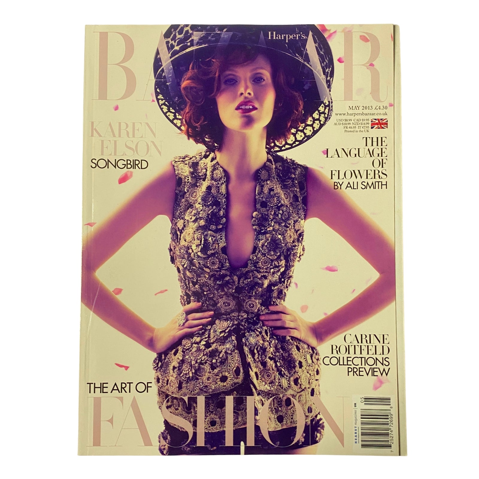Harper's Bazaar UK Magazine May 2013 featuring Karen Elson on the cover, styled in luxurious fashion, showcasing the theme of artistry in fashion.