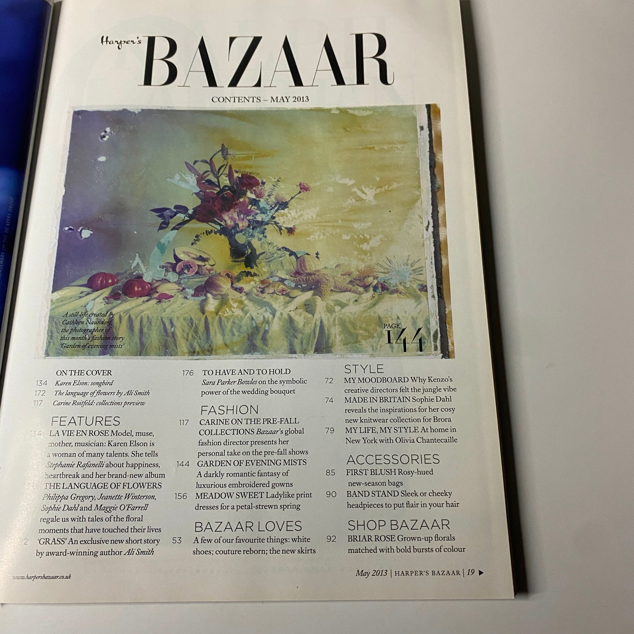 Contents page of Harper's Bazaar UK Magazine May 2013 highlighting features including 'La Vie en Rose' and 'The Language of Flowers' by Ali Smith.