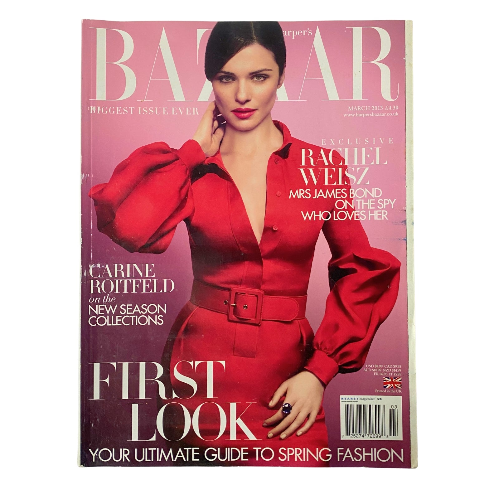 Harper's Bazaar UK Magazine March 2013 featuring Rachel Weisz on the cover in a striking red dress, highlighting the themes of the issue including 'Your Ultimate Guide to Spring Fashion'.