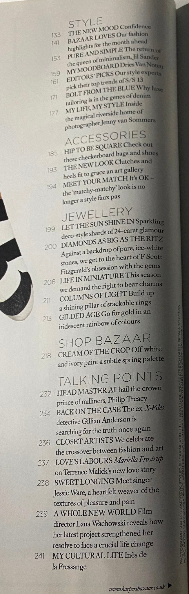 Contents page from Harper's Bazaar UK Magazine March 2013, showcasing articles on style and fashion trends.