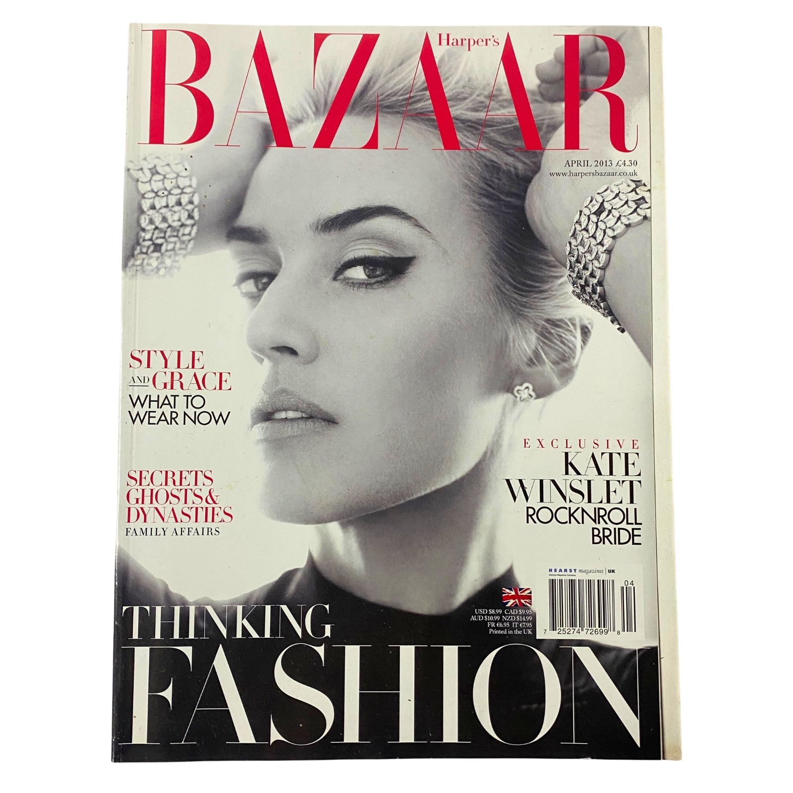 Harper's Bazaar UK Magazine April 2013 Kate Winslet Cover - A striking black and white image featuring Kate Winslet, portraying elegance with a rebellious edge. This vintage magazine includes fashion insights and the editorial 'Kate Rock’n’Roll Bride'.