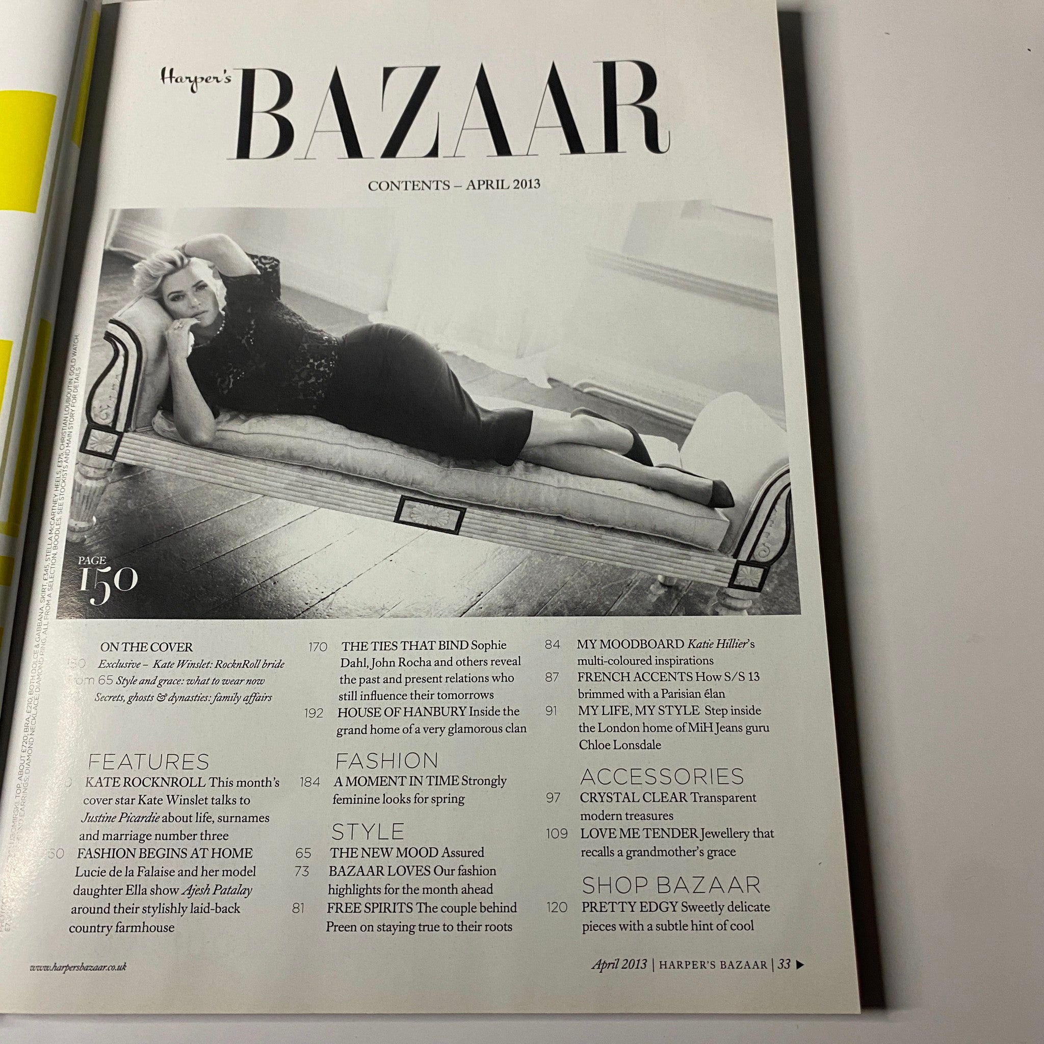 Harper's Bazaar UK Magazine April 2013 Table of Contents - A detailed overview of features and articles including 'Kate Rock’n’Roll Bride', highlighting key segments within the magazine.