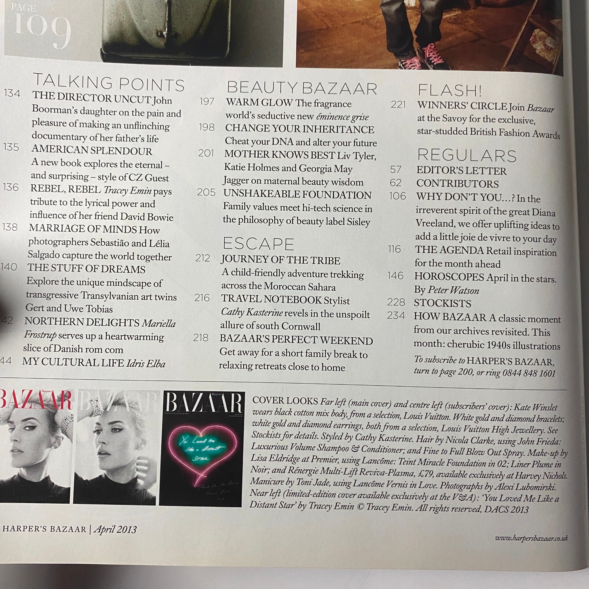 Harper's Bazaar UK Magazine April 2013 Articles Page - An inside glance featuring editorial content discussing fashion trends and insights, including interviews and accessory highlights from the issue.