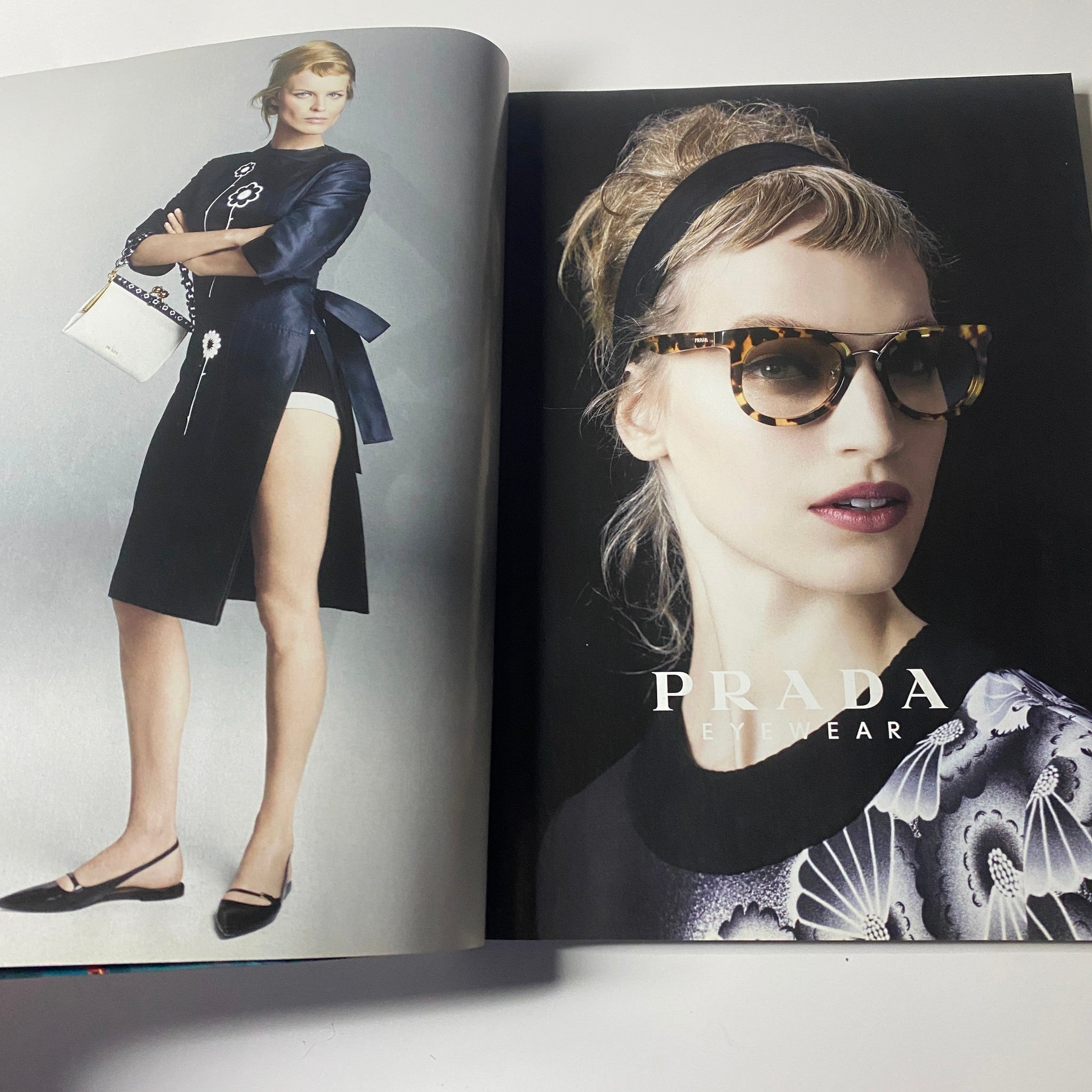 Prada eyewear advertisement showcasing a fashionable model wearing sunglasses and a chic outfit in the April 2013 issue of Harper's Bazaar UK featuring Kate Winslet.
