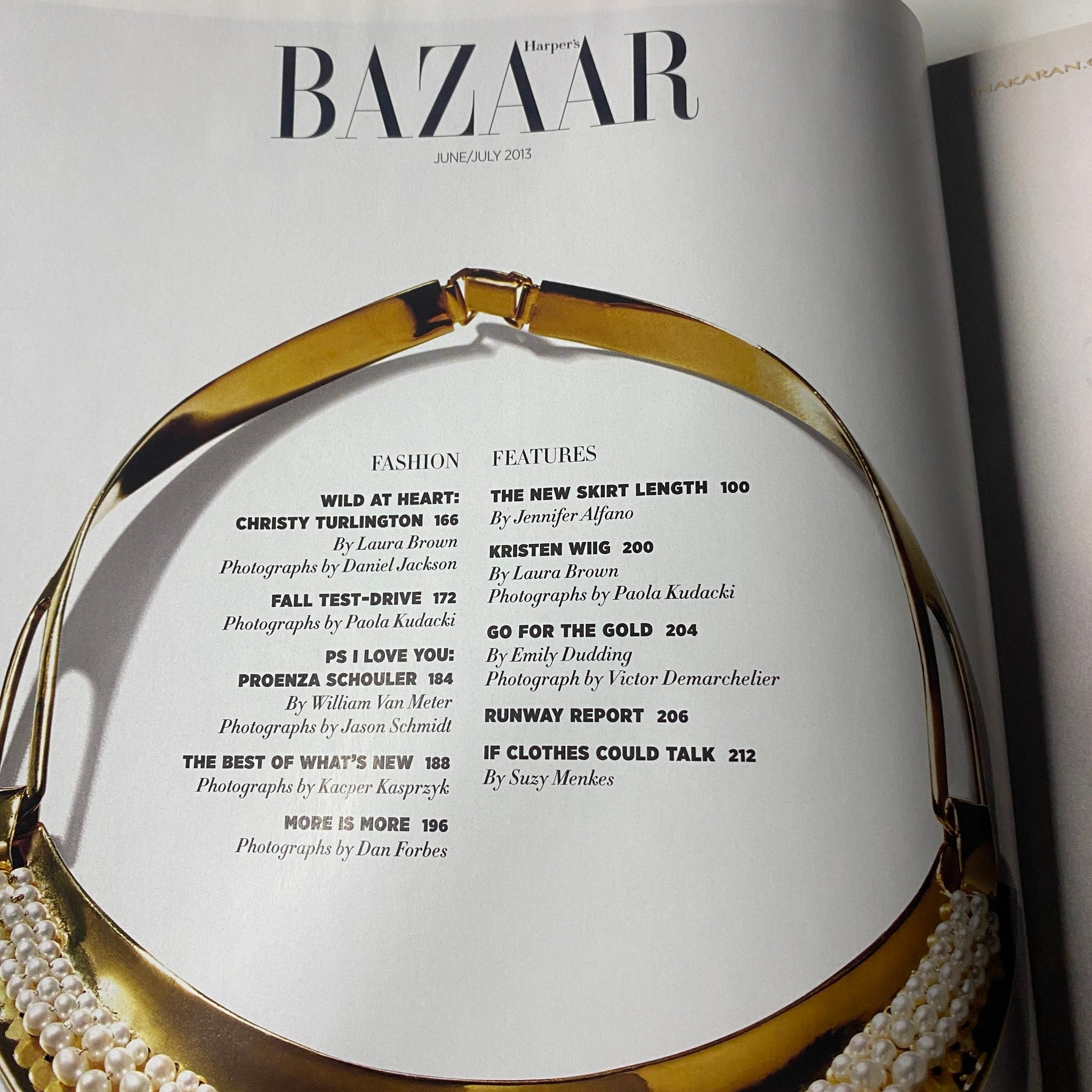 Interior page of Harper's Bazaar Magazine June - July 2013 highlighting fashion features including Christy Turlington's profile and articles on beauty and style.