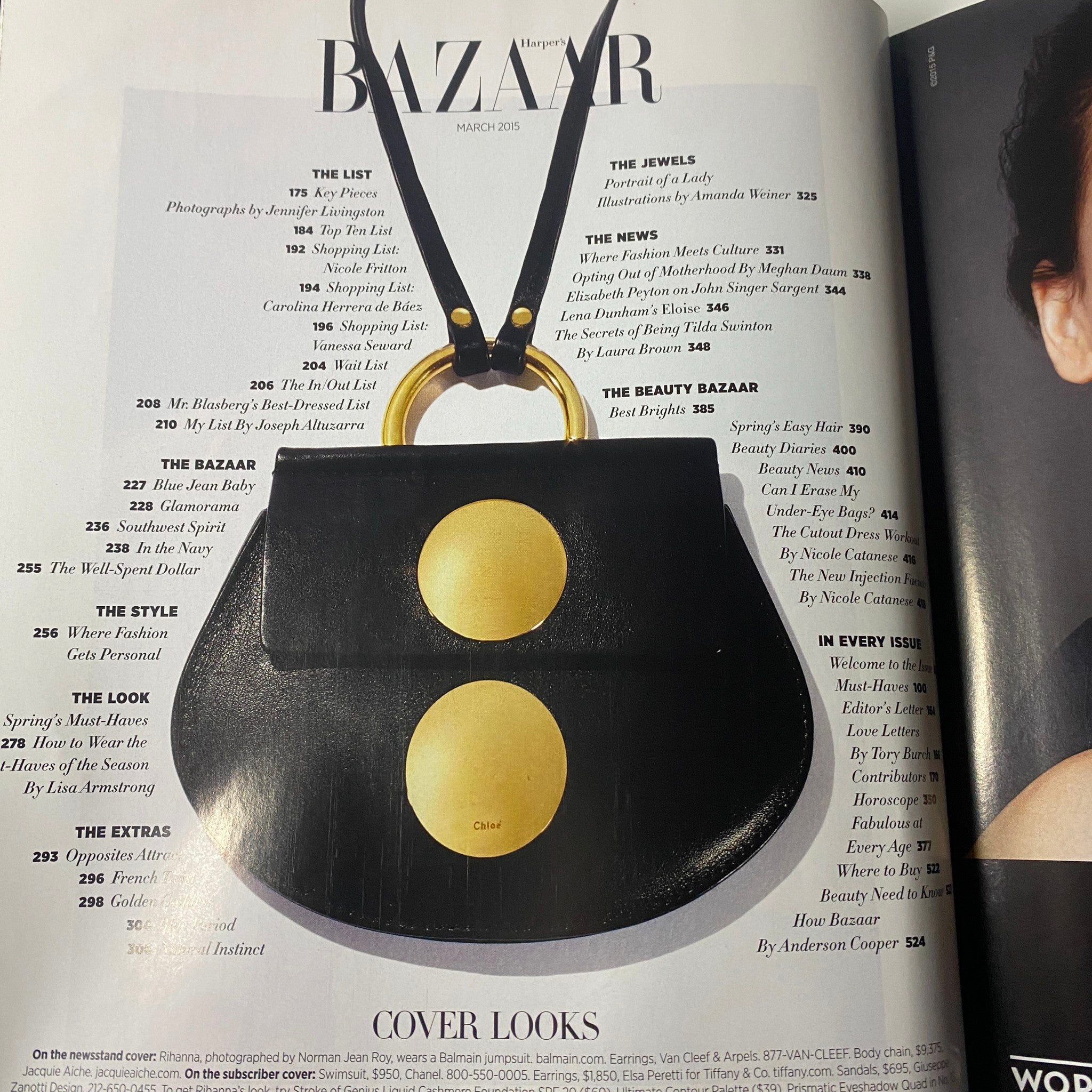 Contents page of Harper's Bazaar Magazine March 2015, detailing features including fashion accessories and editorials.