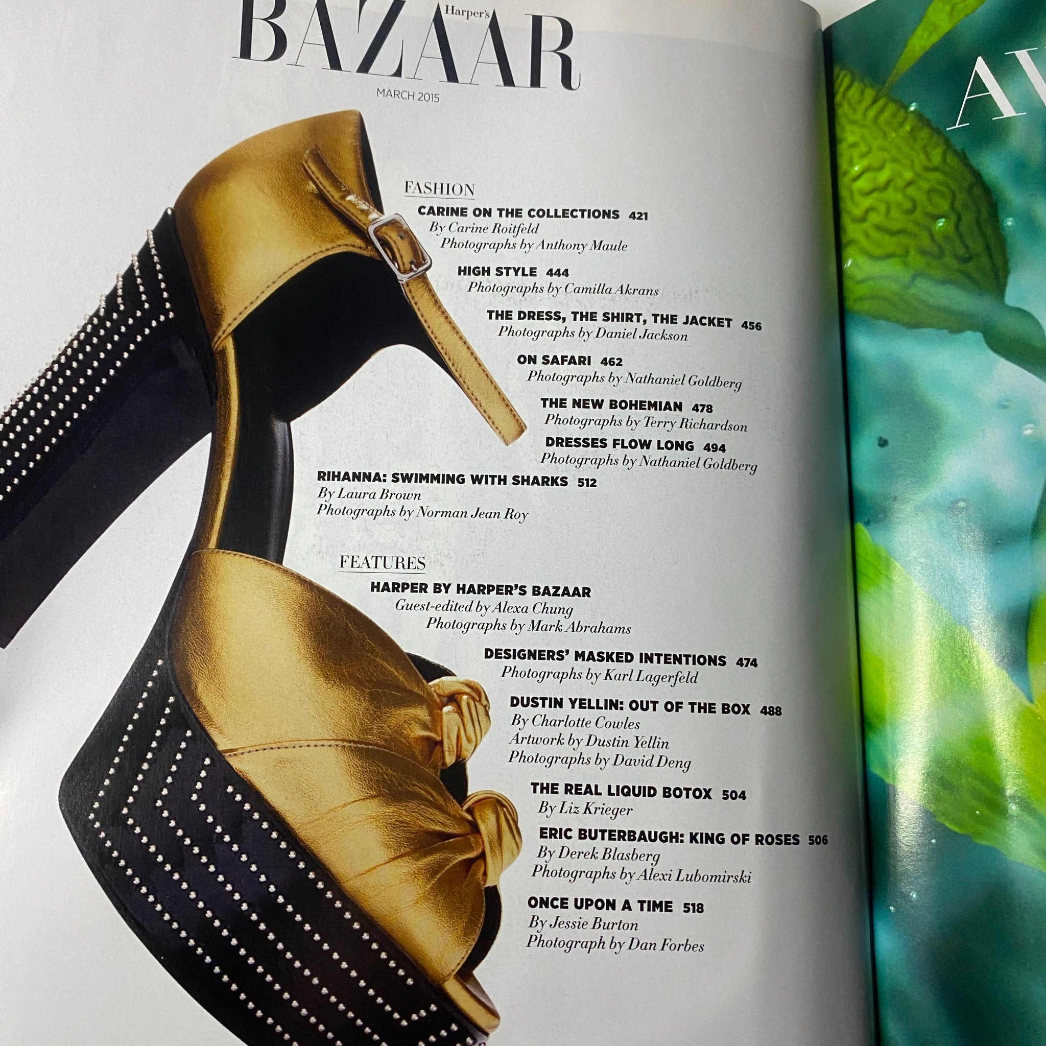 Page showcasing a designer shoe in Harper's Bazaar Magazine March 2015, highlighting fashion trends and editorial styling.