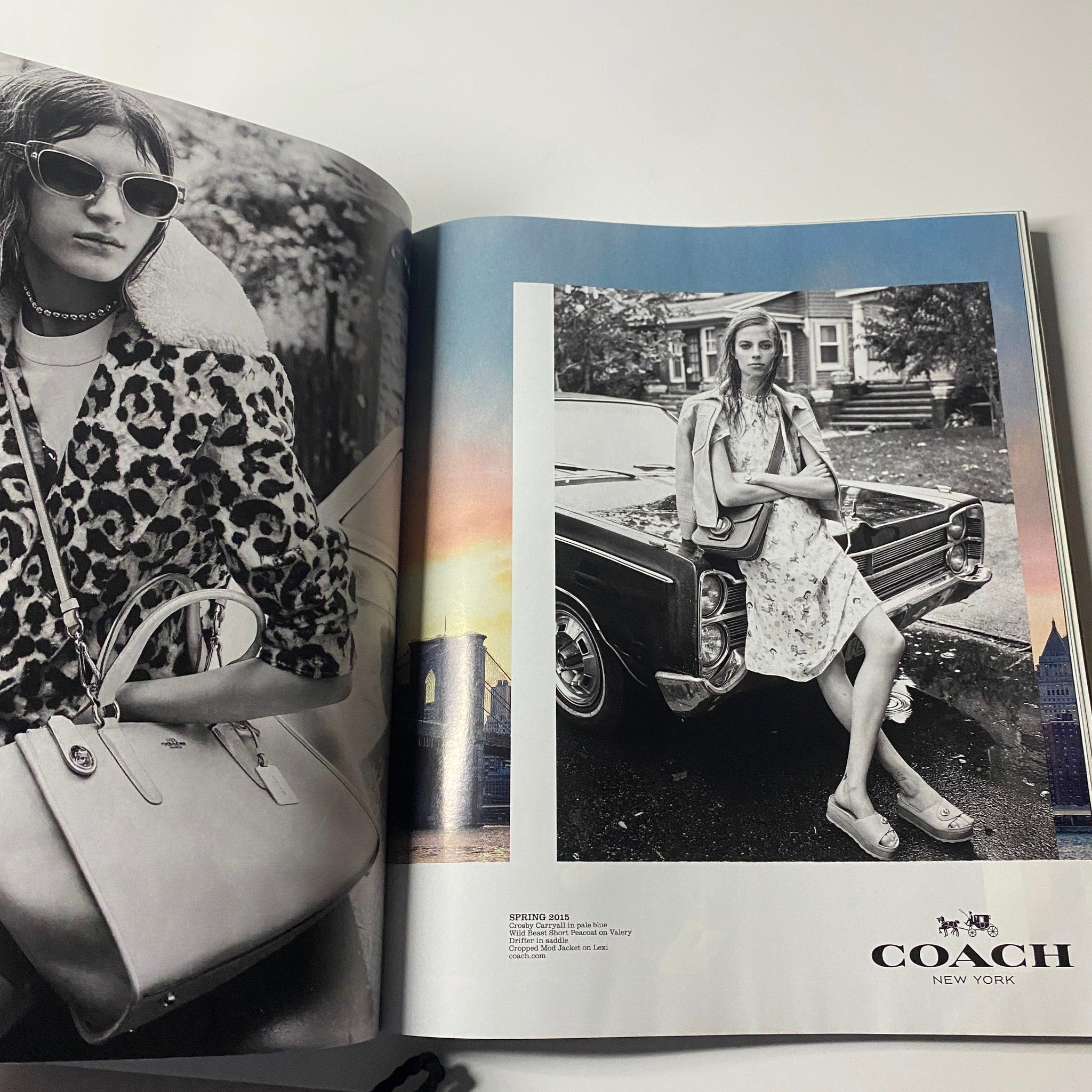 Harper's Bazaar Magazine March 2015 featuring a Coach advertisement with a model in stylish eyewear and a leopard print coat, promoting luxury fashion.