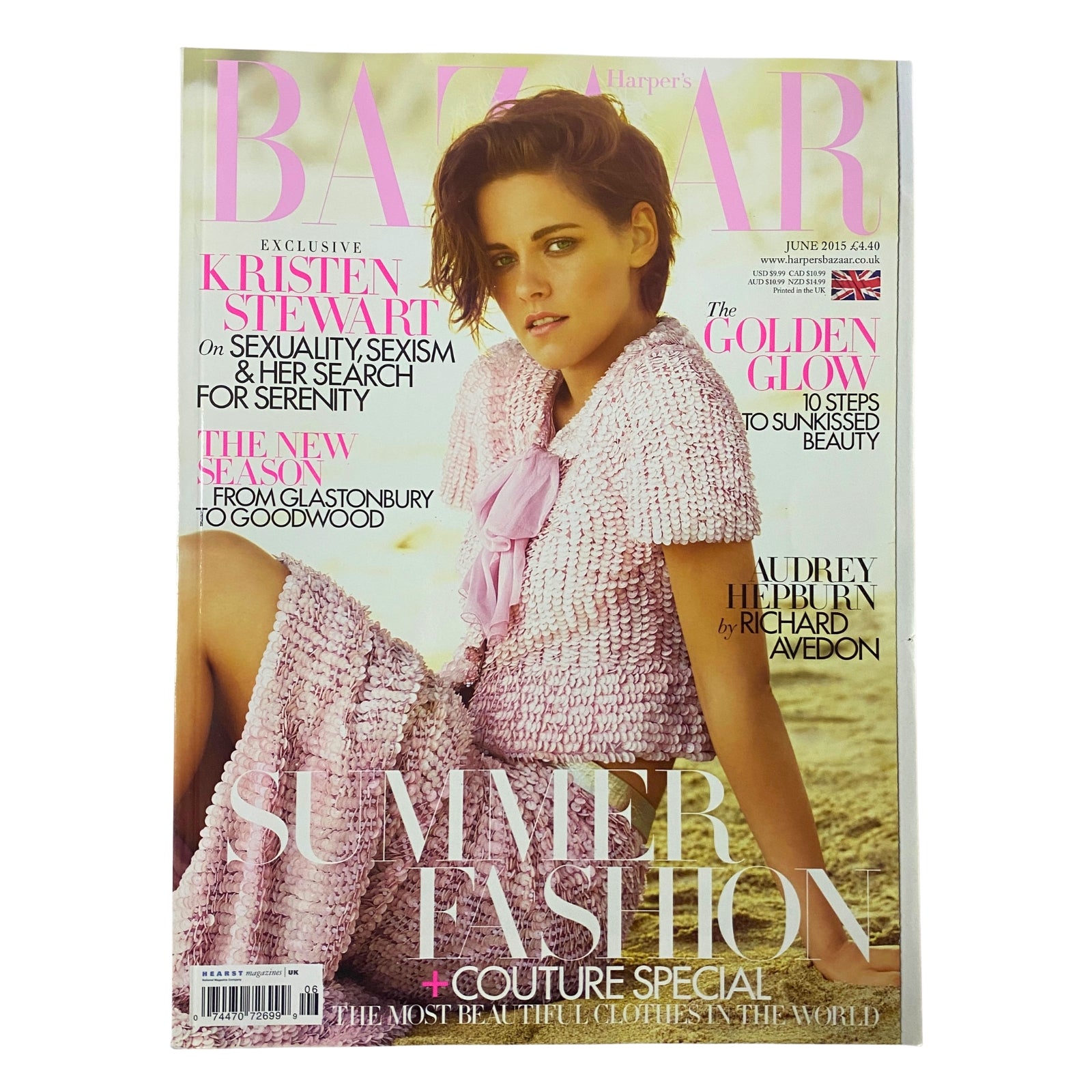 Harper's Bazaar UK Magazine June 2015 featuring Kristen Stewart on the cover, discussing sexuality, sexism, and her search for serenity. The magazine highlights summer fashion, couture specials, and a photography tribute to Audrey Hepburn.