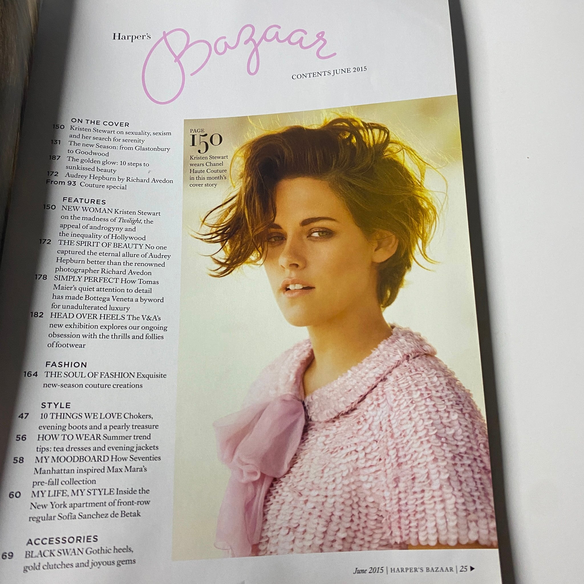 Table of contents from Harper's Bazaar UK Magazine June 2015, showcasing Kristen Stewart's feature on page 150, along with other editorial highlights.