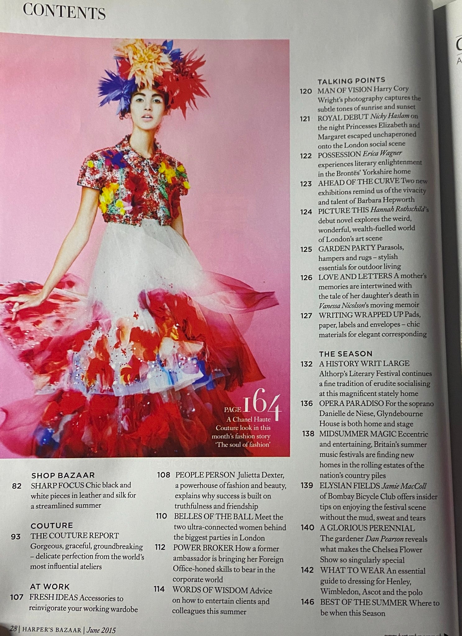 Contents page from Harper's Bazaar UK Magazine June 2015 displaying a colorful fashion editorial, emphasizing fashion and style features.