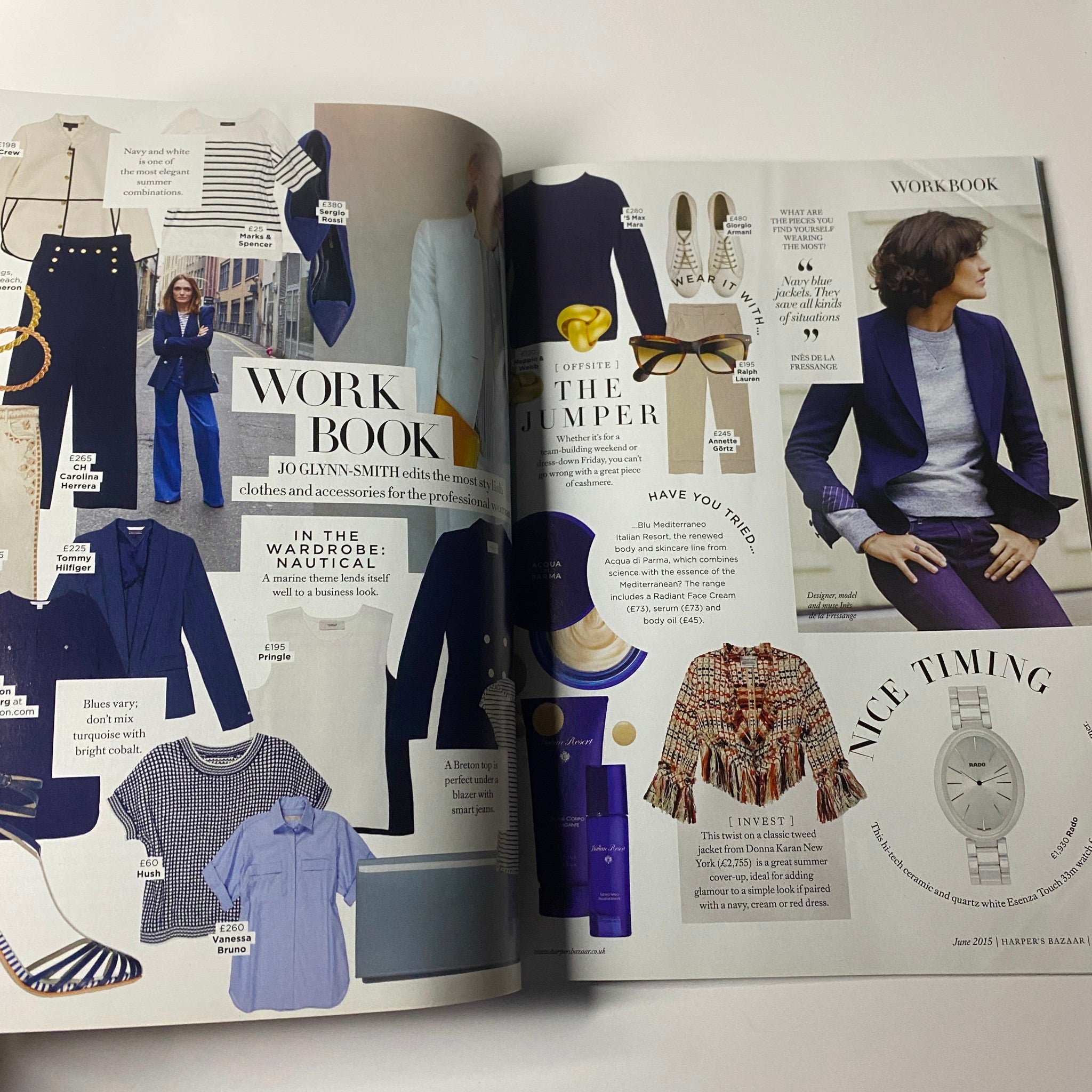 Fashion work book page from Harper's Bazaar UK Magazine June 2015, featuring a collection of clothing and accessories styled together.