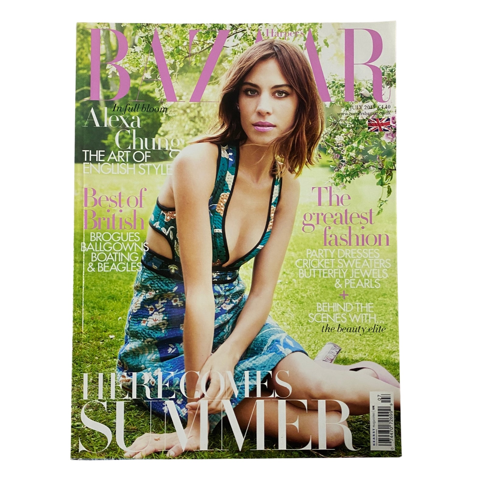 Harper's Bazaar UK Magazine July 2015 featuring Alexa Chung on the cover, showcasing floral-inspired fashion and summer vibes.