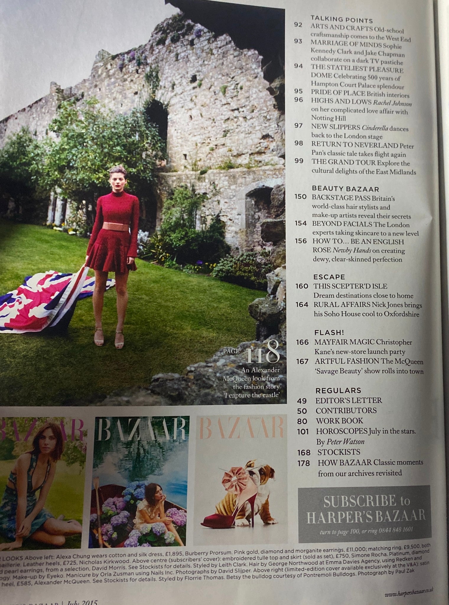 Back cover of Harper's Bazaar UK Magazine July 2015, showcasing additional content and the magazine's promotion of British fashion.