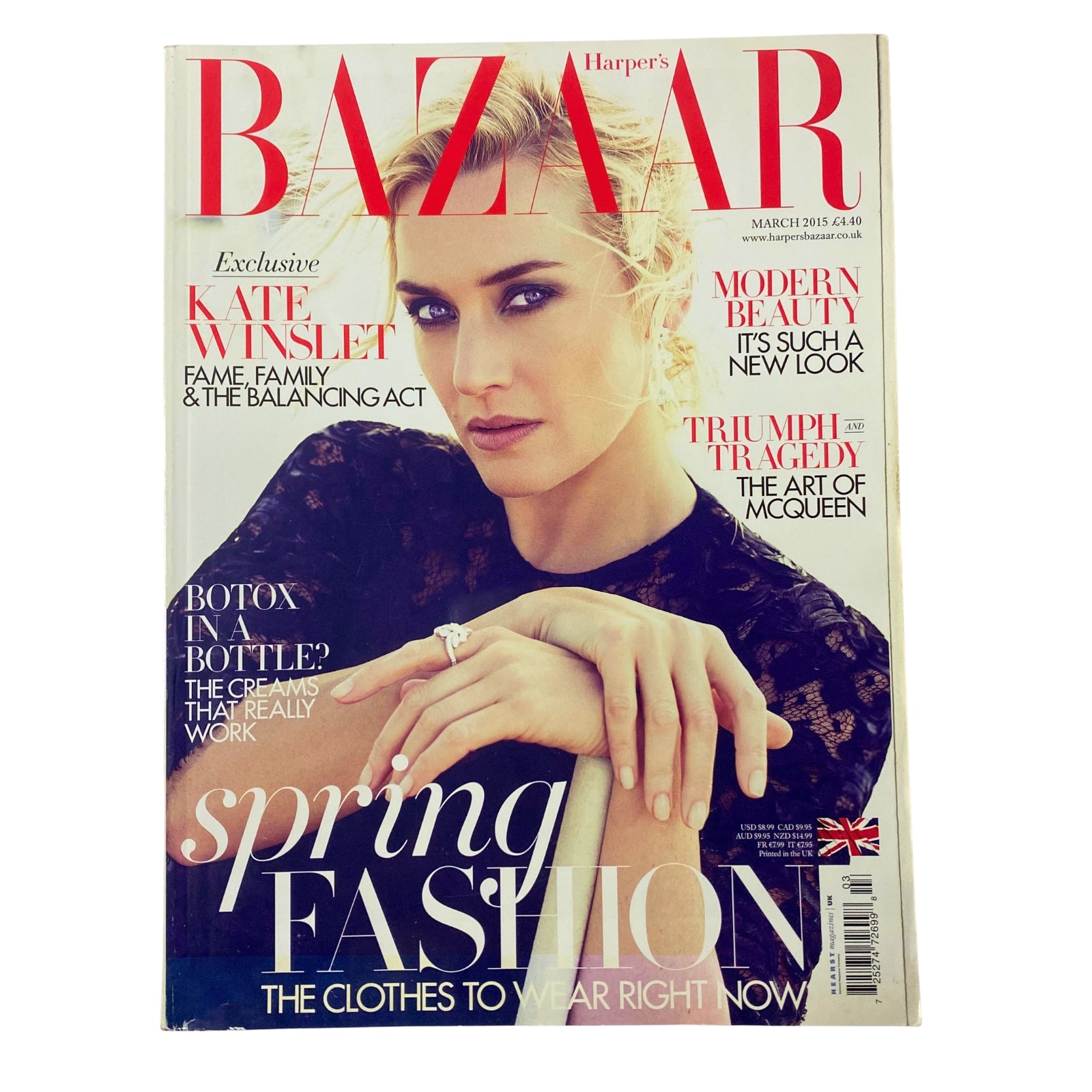 Cover of Harper's Bazaar UK Magazine March 2015 featuring Kate Winslet. The magazine displays a spring fashion theme with headlines about beauty, family, and the balancing act of fame.
