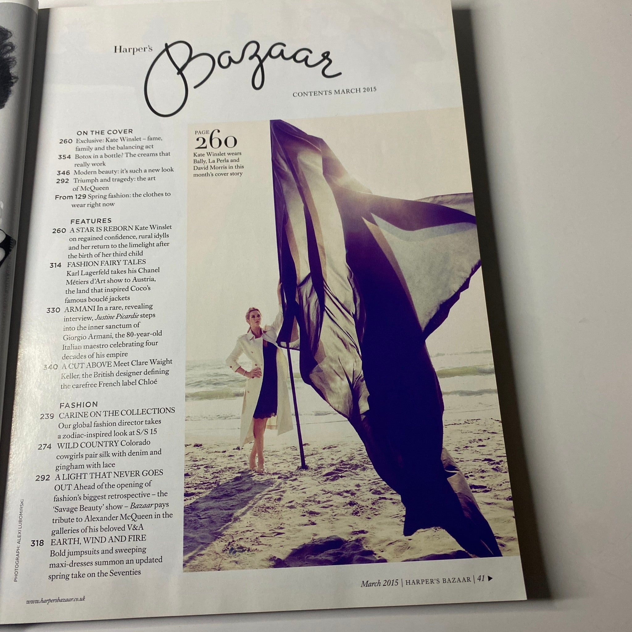 Contents page of Harper's Bazaar UK Magazine March 2015 featuring Kate Winslet cover story and highlights of the issue.