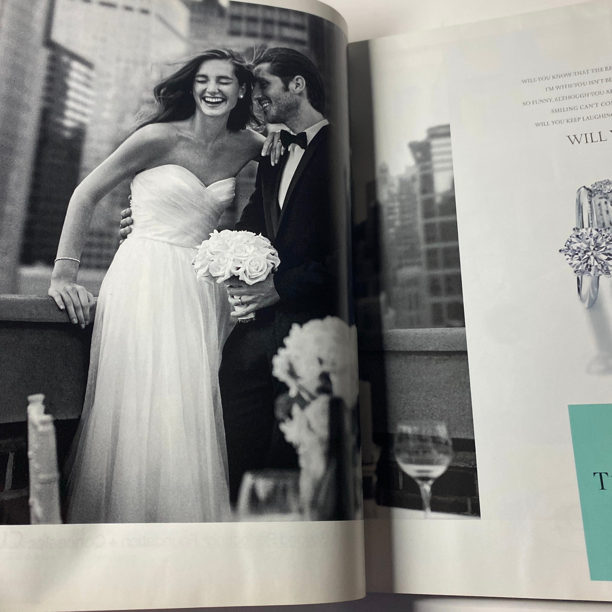Black and white bridal photo from Harper's Bazaar UK Magazine March 2015, featuring a couple in a stylish wedding setting.