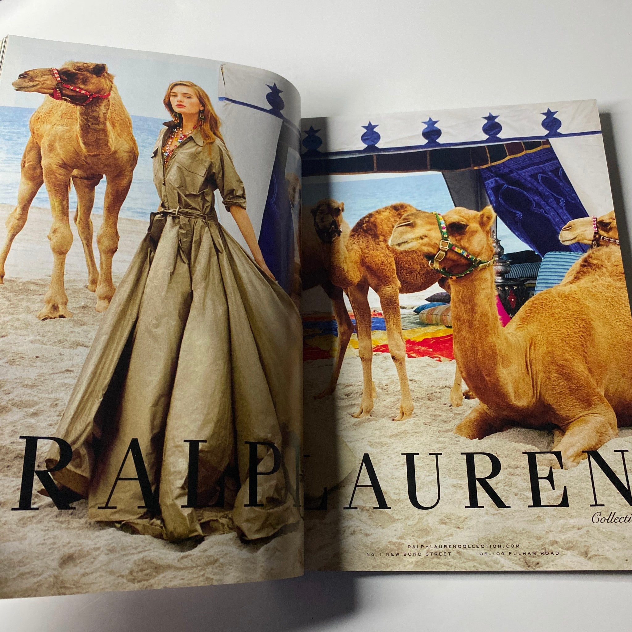 Fashion spread from Harper's Bazaar UK Magazine March 2015 with a model in an elegant gown surrounded by camels, underlining luxury fashion.