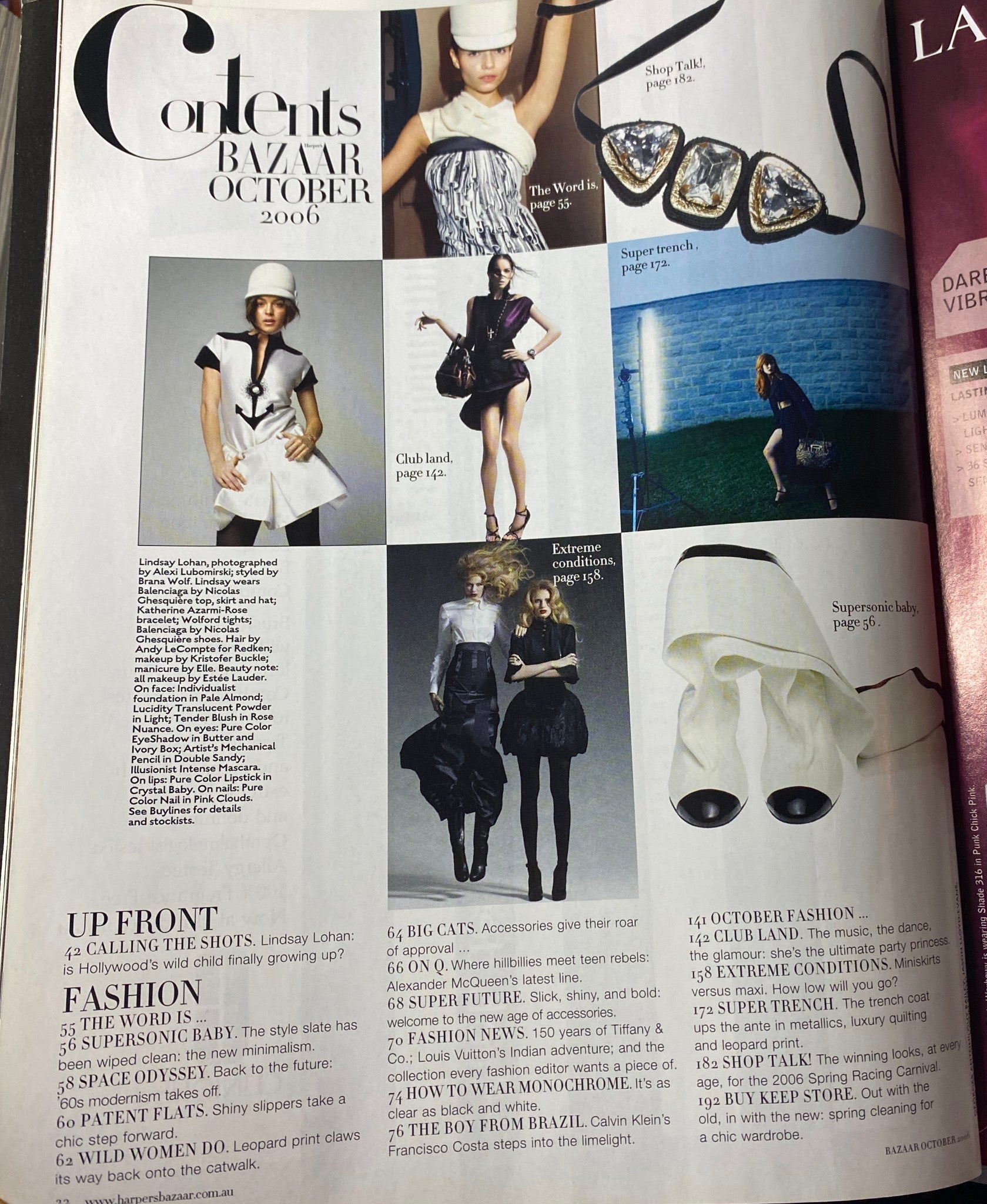 Contents page of Harper's Bazaar Australia Magazine, October 2006, featuring Lindsay Lohan, presenting a summary of articles and fashion highlights for the issue.