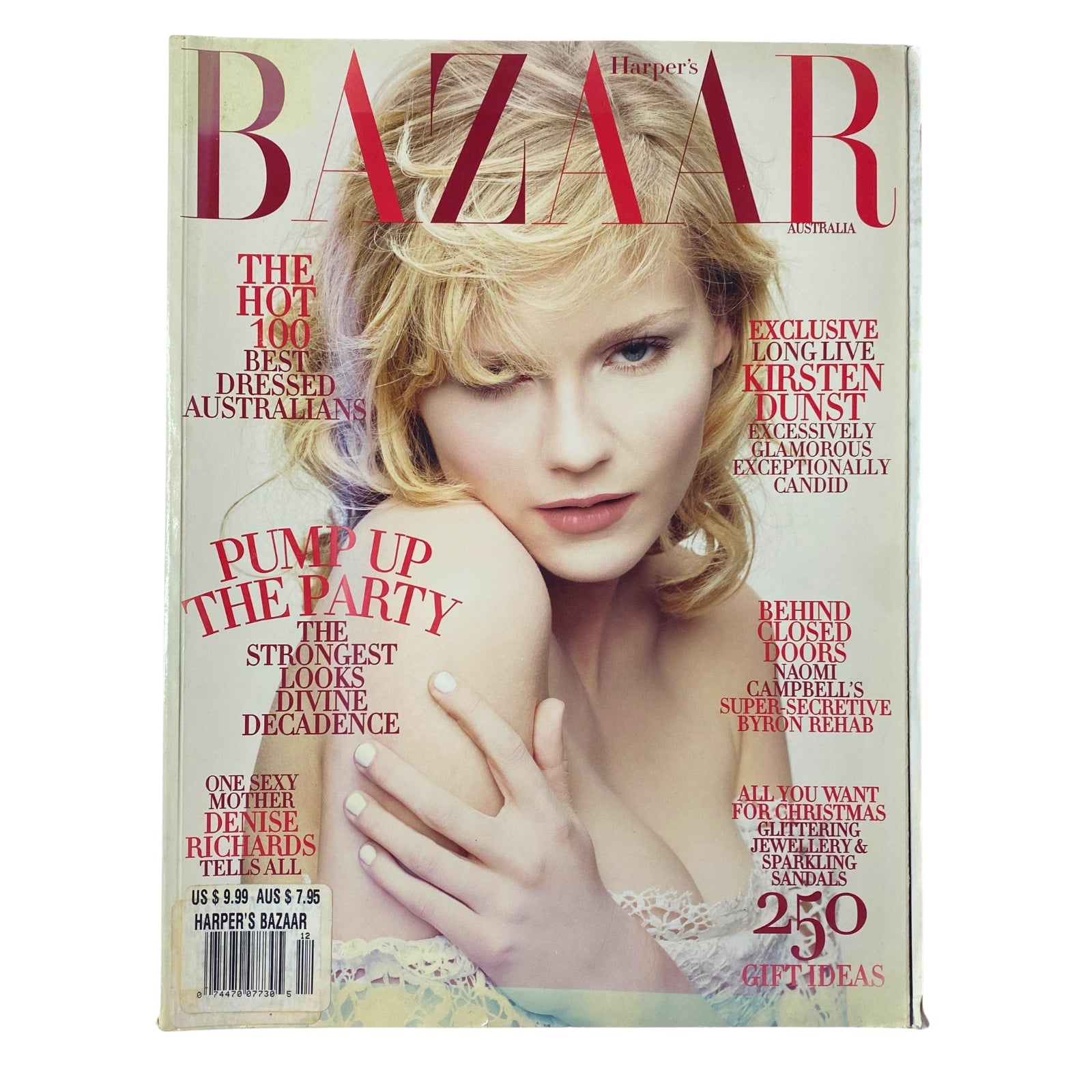 Cover of Harper's Bazaar Australia Magazine December 2006 featuring Kirsten Dunst with a focus on fashion and holiday gifting ideas.