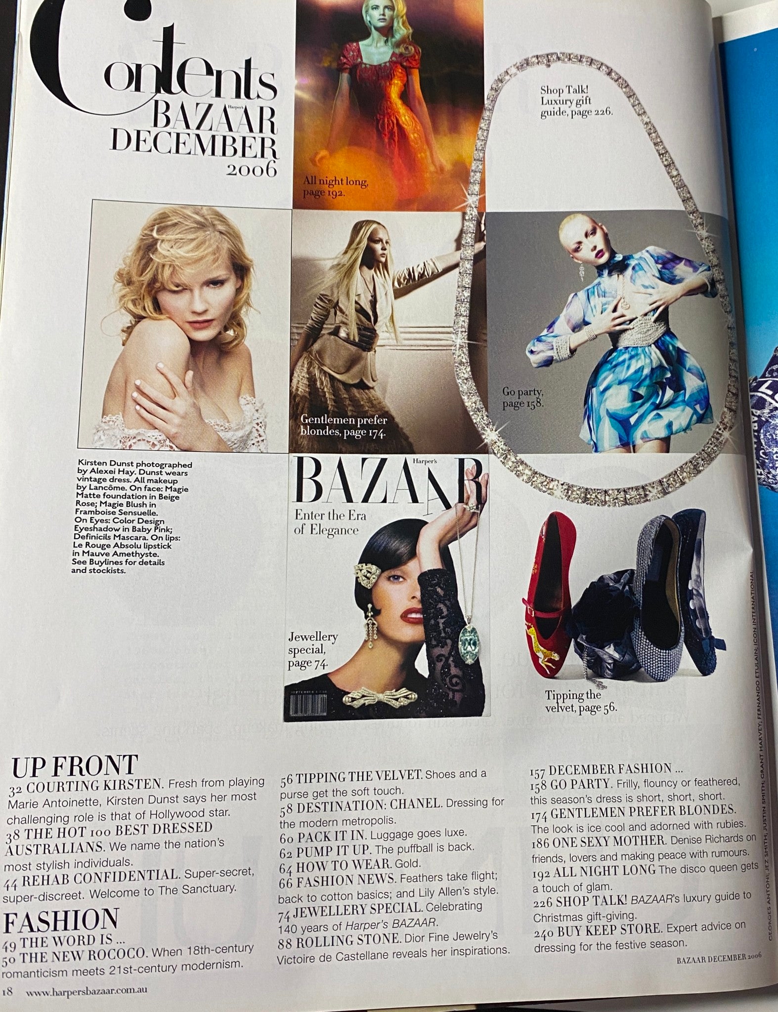 Contents page of Harper's Bazaar Australia Magazine December 2006, outlining articles featuring Kirsten Dunst and holiday fashion.